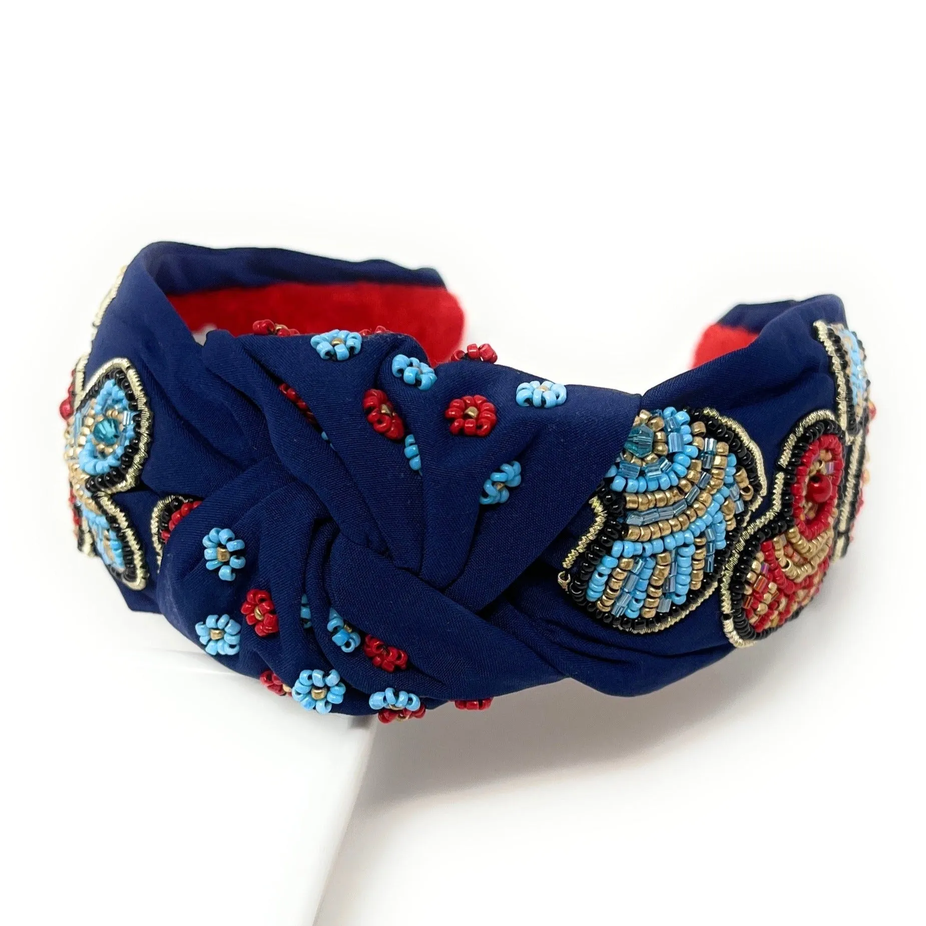 Blue Red Hearts Hand Beaded Knot Headband