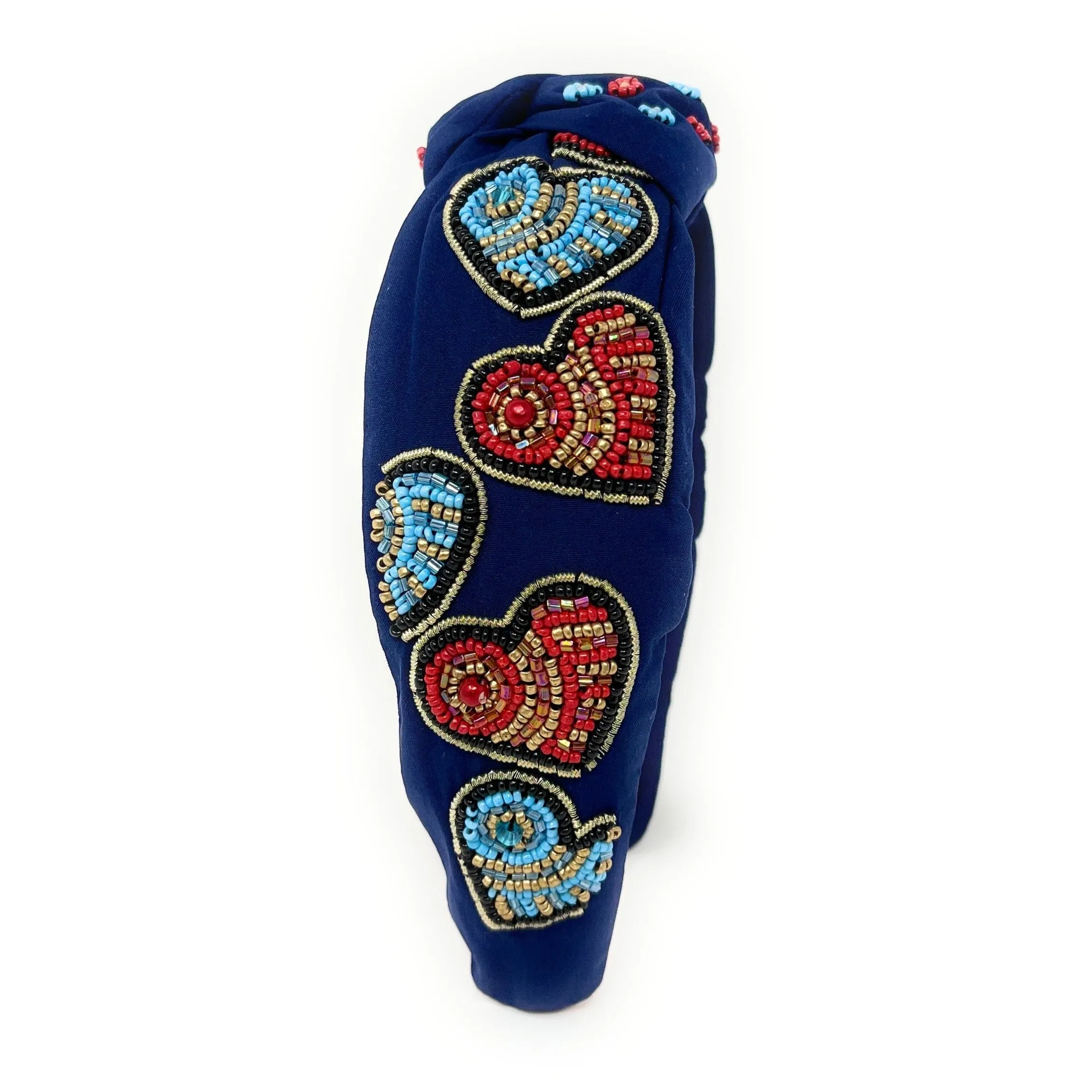 Blue Red Hearts Hand Beaded Knot Headband