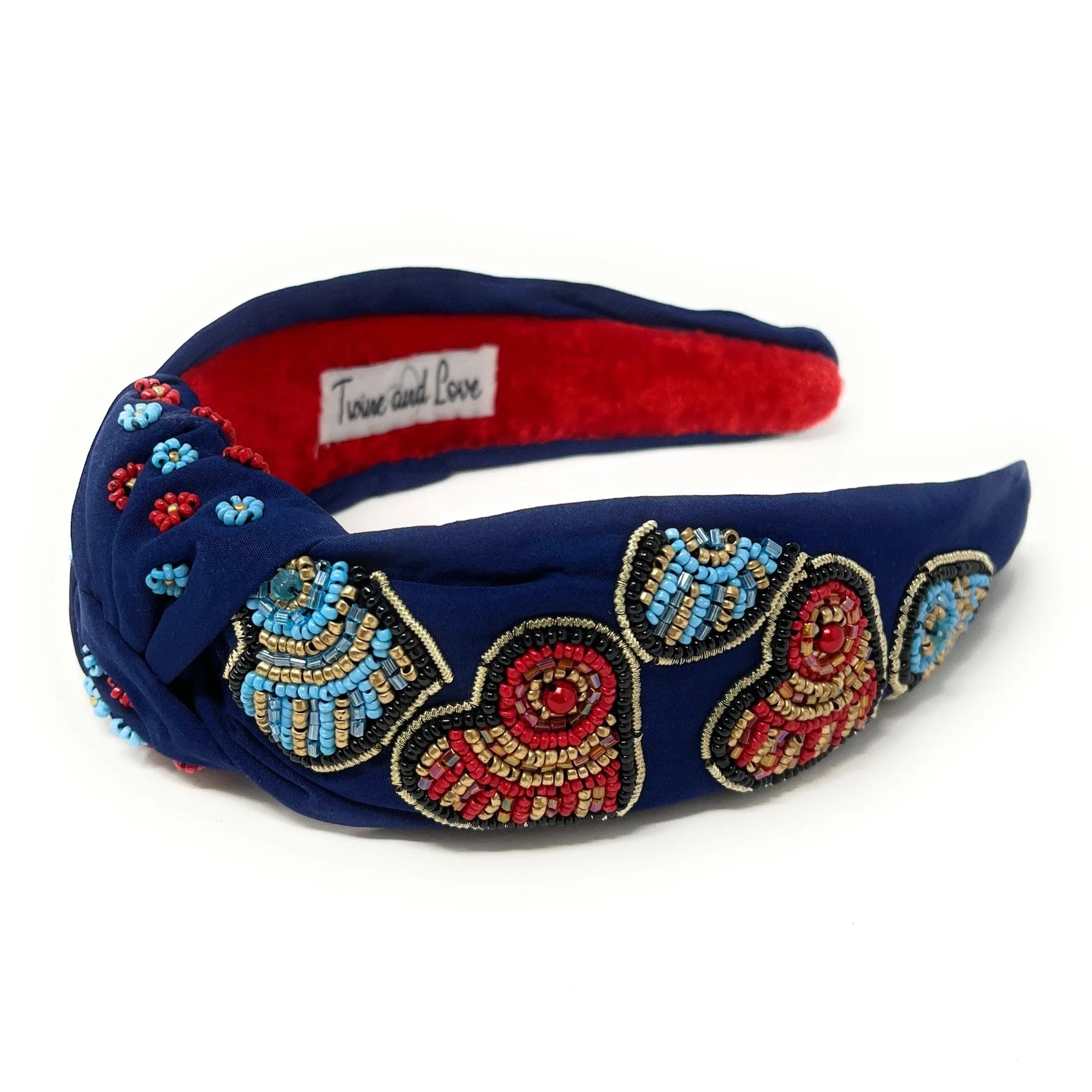 Blue Red Hearts Hand Beaded Knot Headband