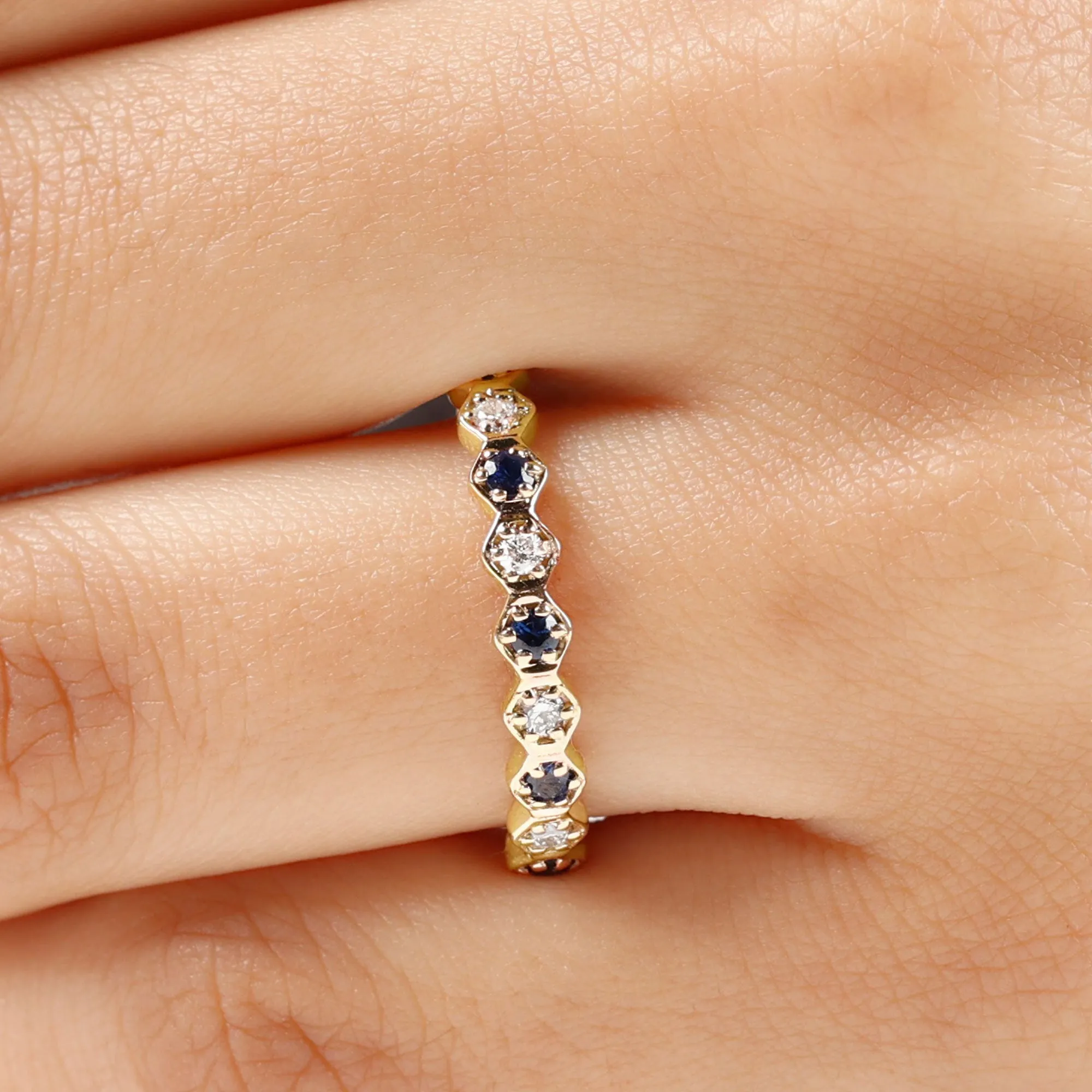 Blue Sapphire and Moissanite Geometric Stackable Ring