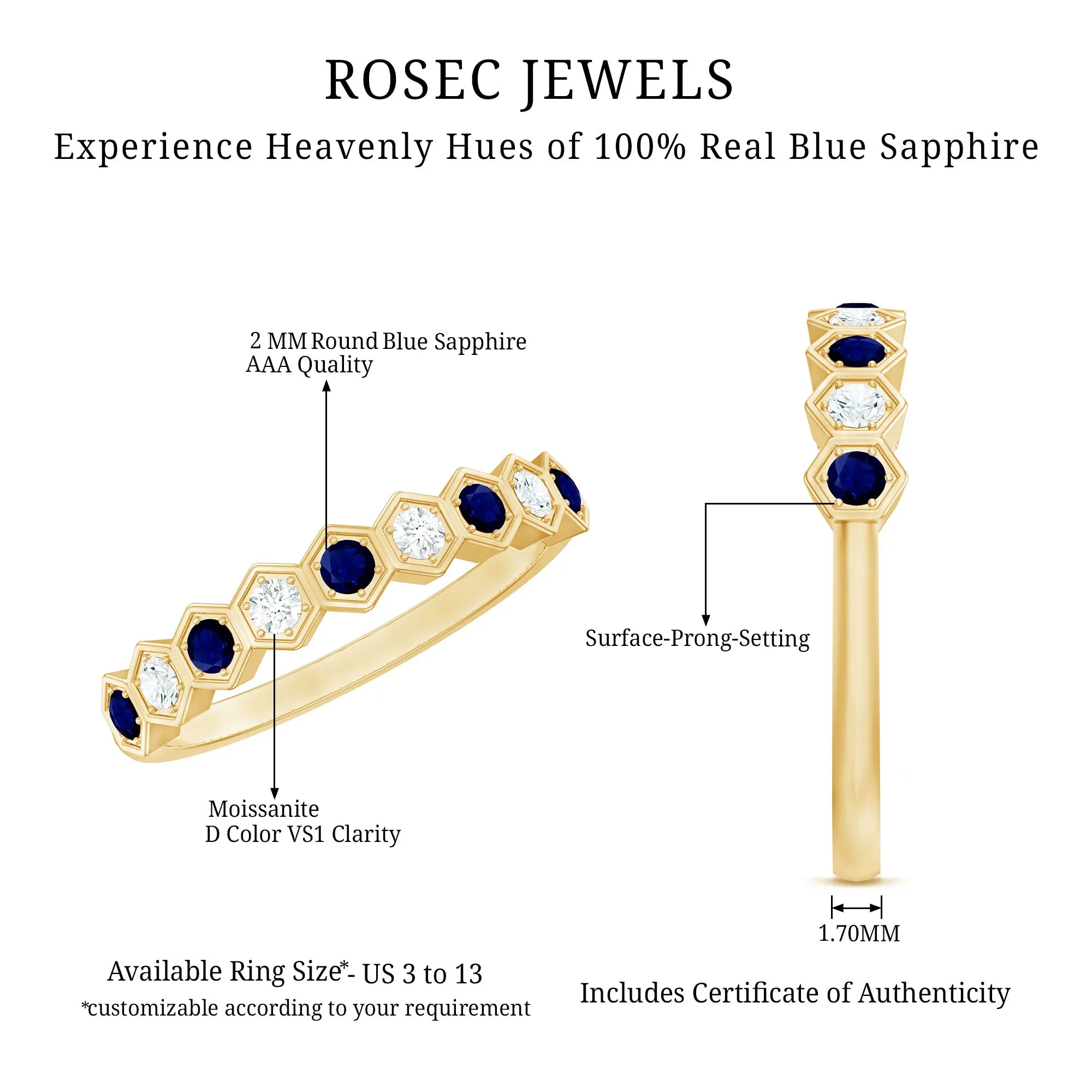 Blue Sapphire and Moissanite Geometric Stackable Ring