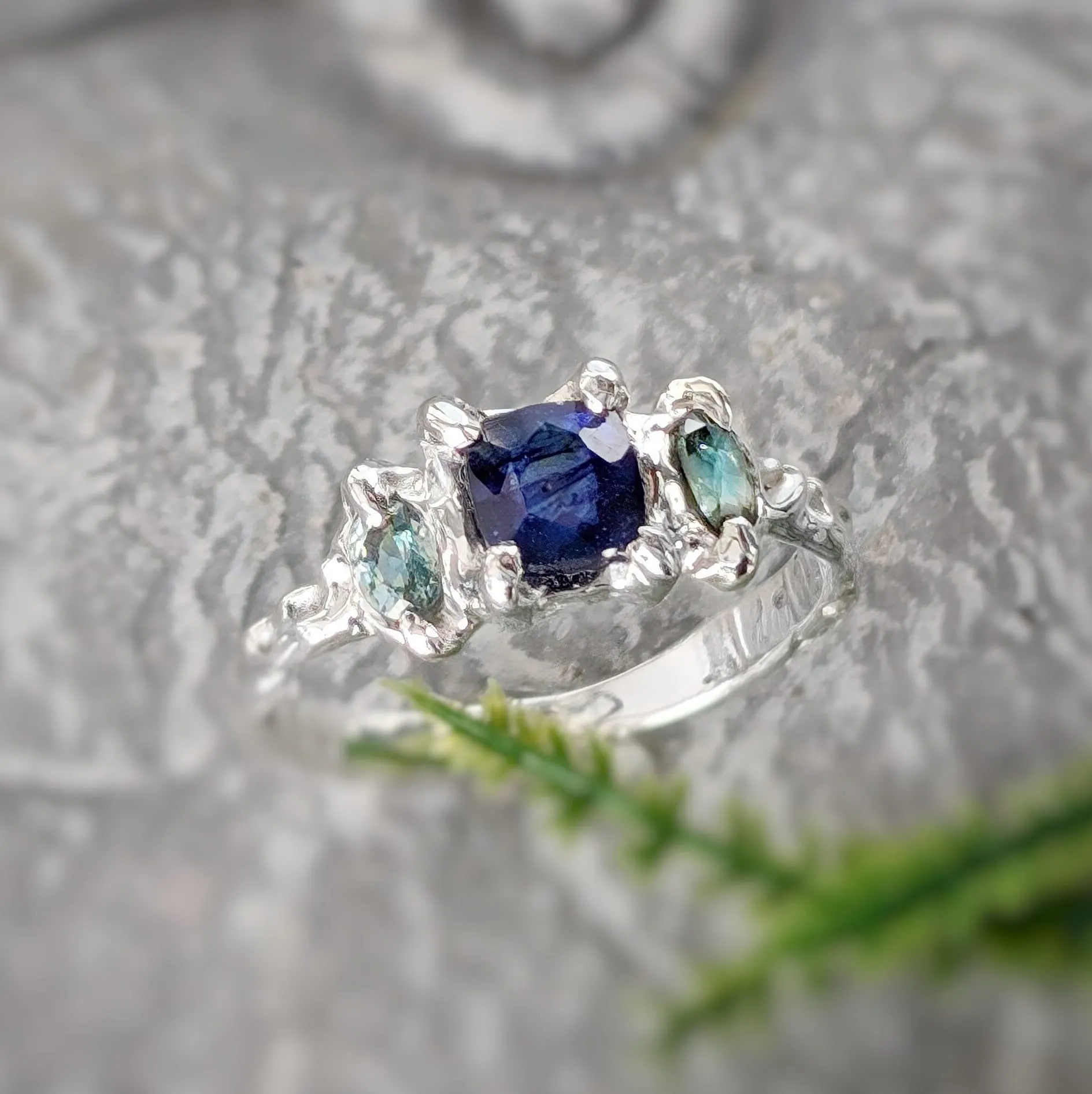 Blue Sapphire and Tourmaline engagement ring in Solid Sterling Silver