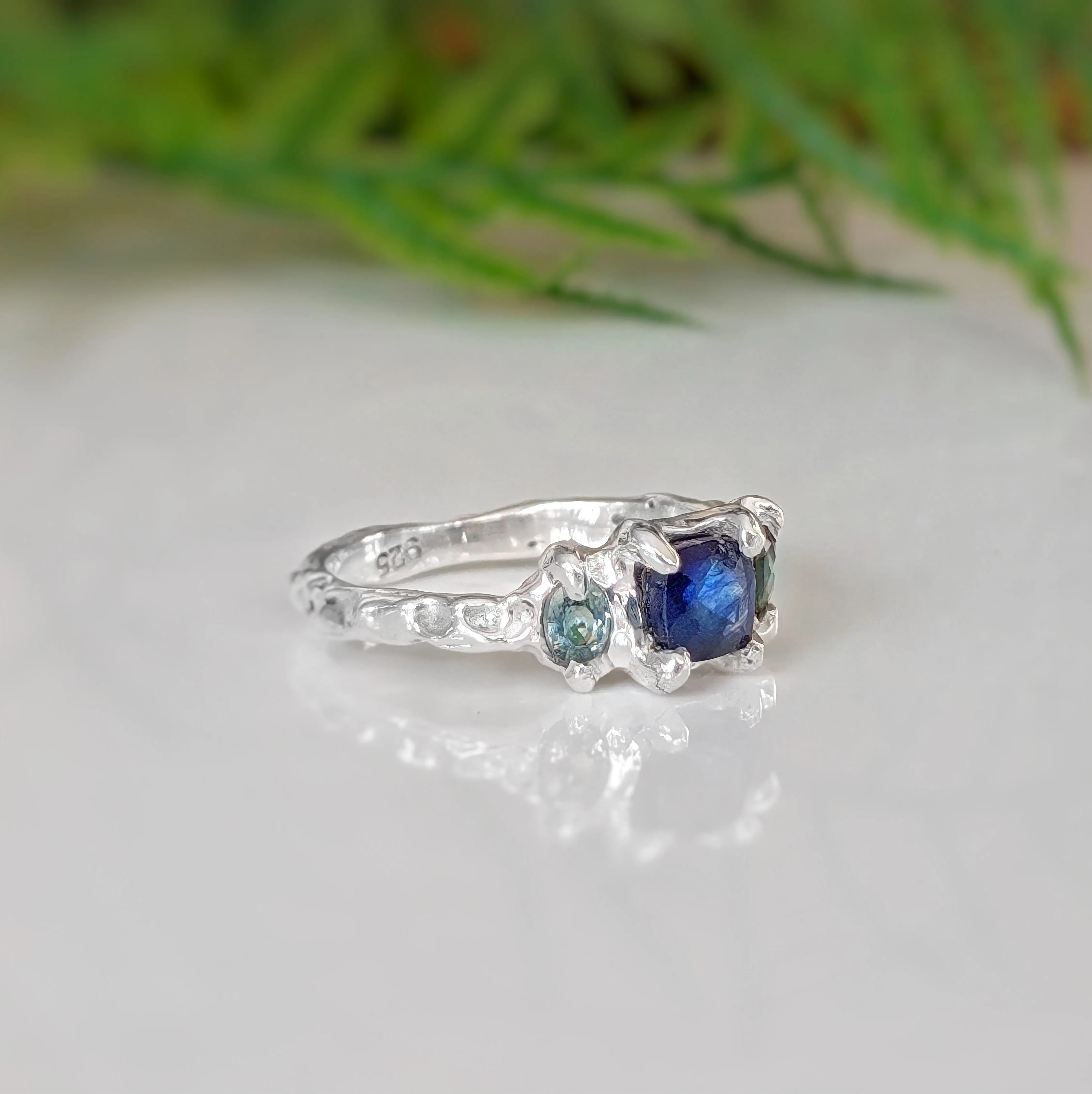 Blue Sapphire and Tourmaline engagement ring in Solid Sterling Silver