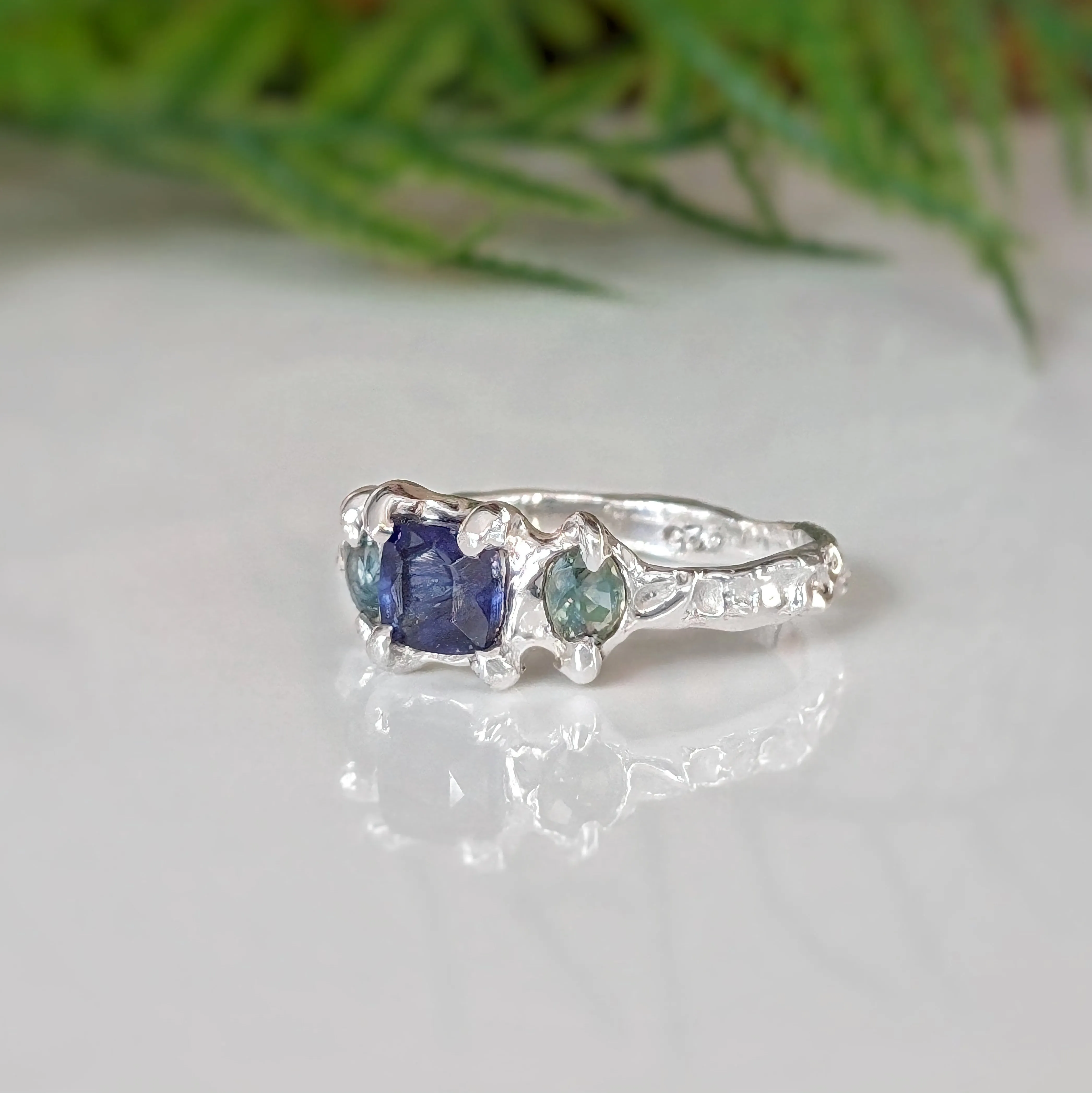 Blue Sapphire and Tourmaline engagement ring in Solid Sterling Silver