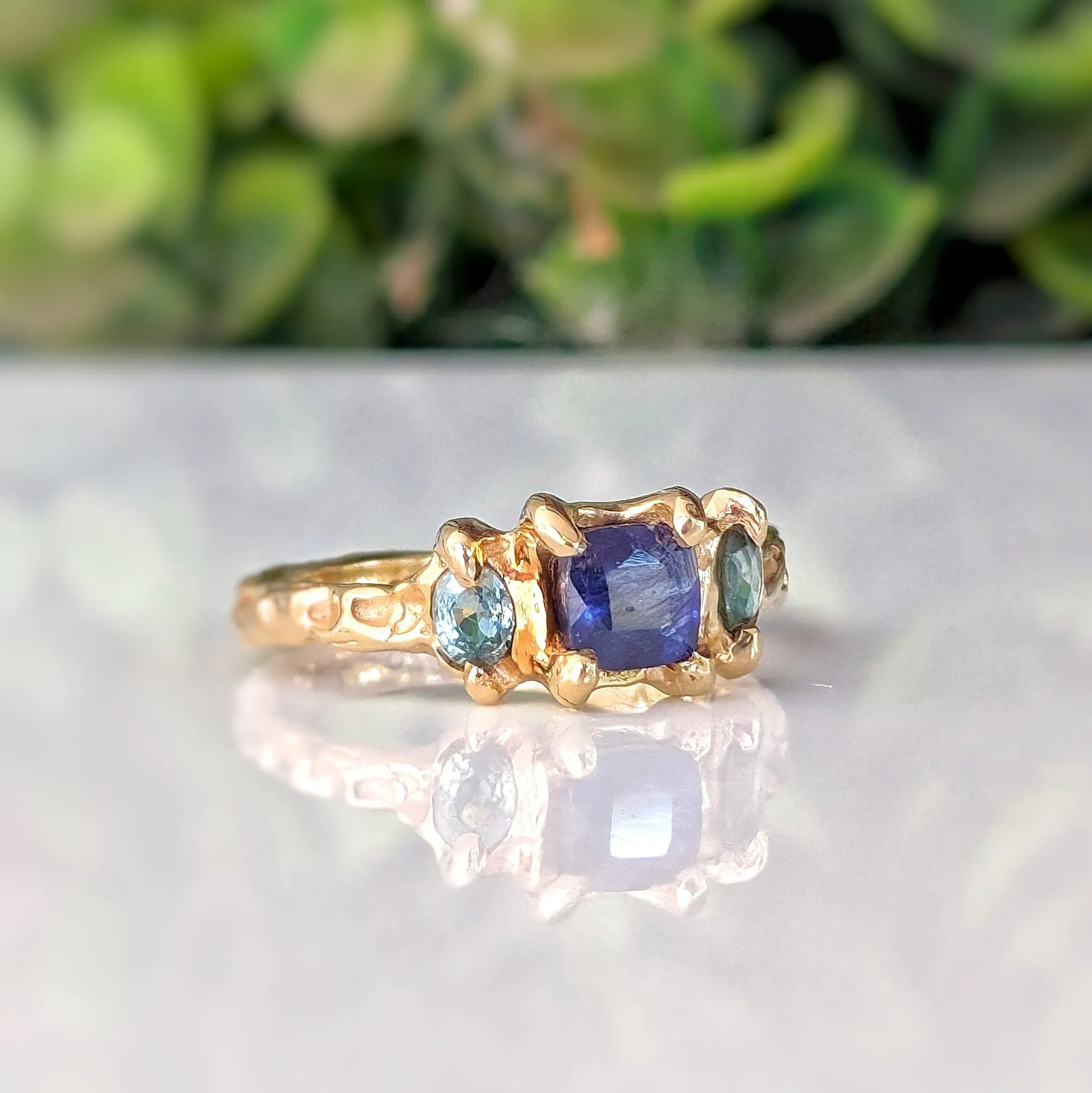 Blue Sapphire and Tourmaline engagement ring in Solid Sterling Silver