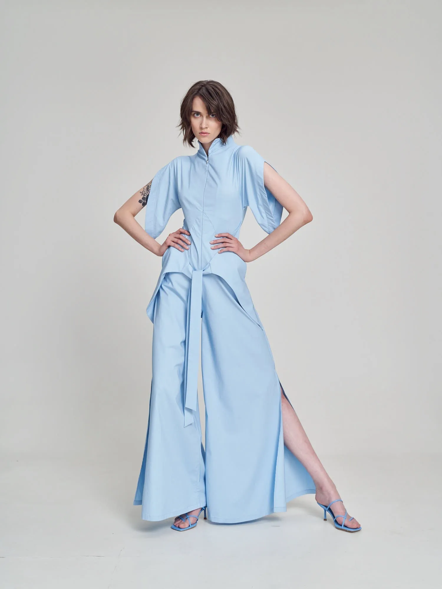 Blue Short Sleeve High Neck Wide-Leg Japanese Kimono Jumpsuit LEA