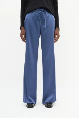 Blue Silk Drawstring Waist Straight Leg Trouser