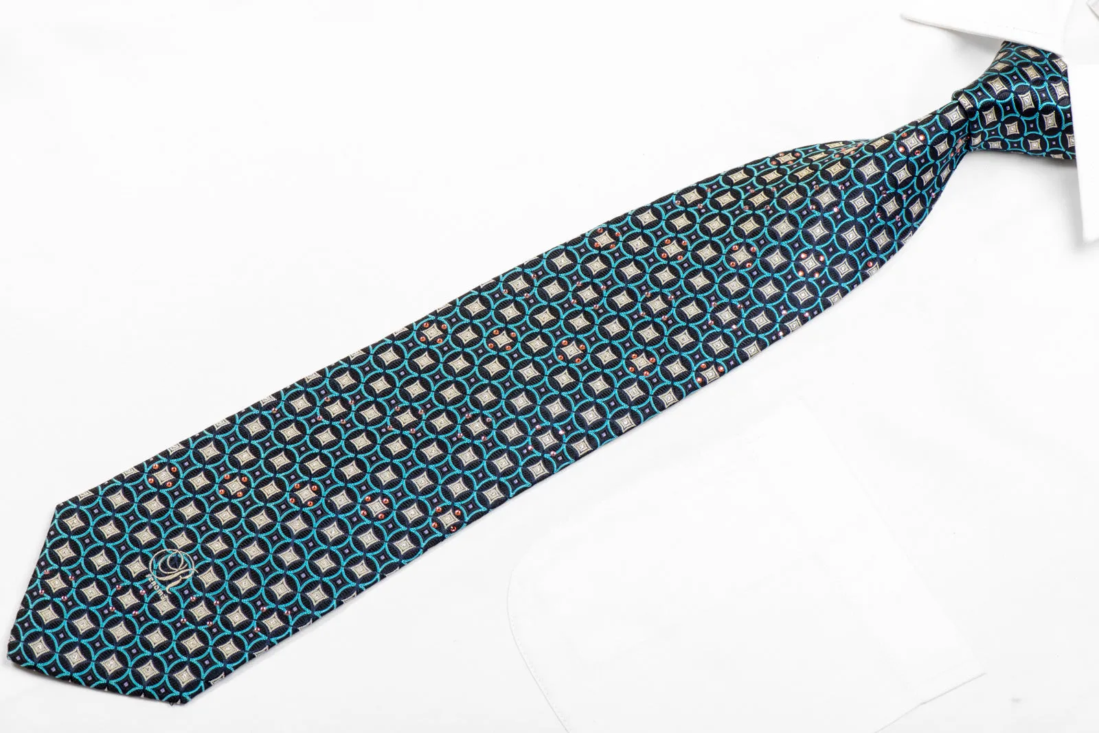 Blue Silver Geometric On Black Rhinestone Necktie With Sparkles