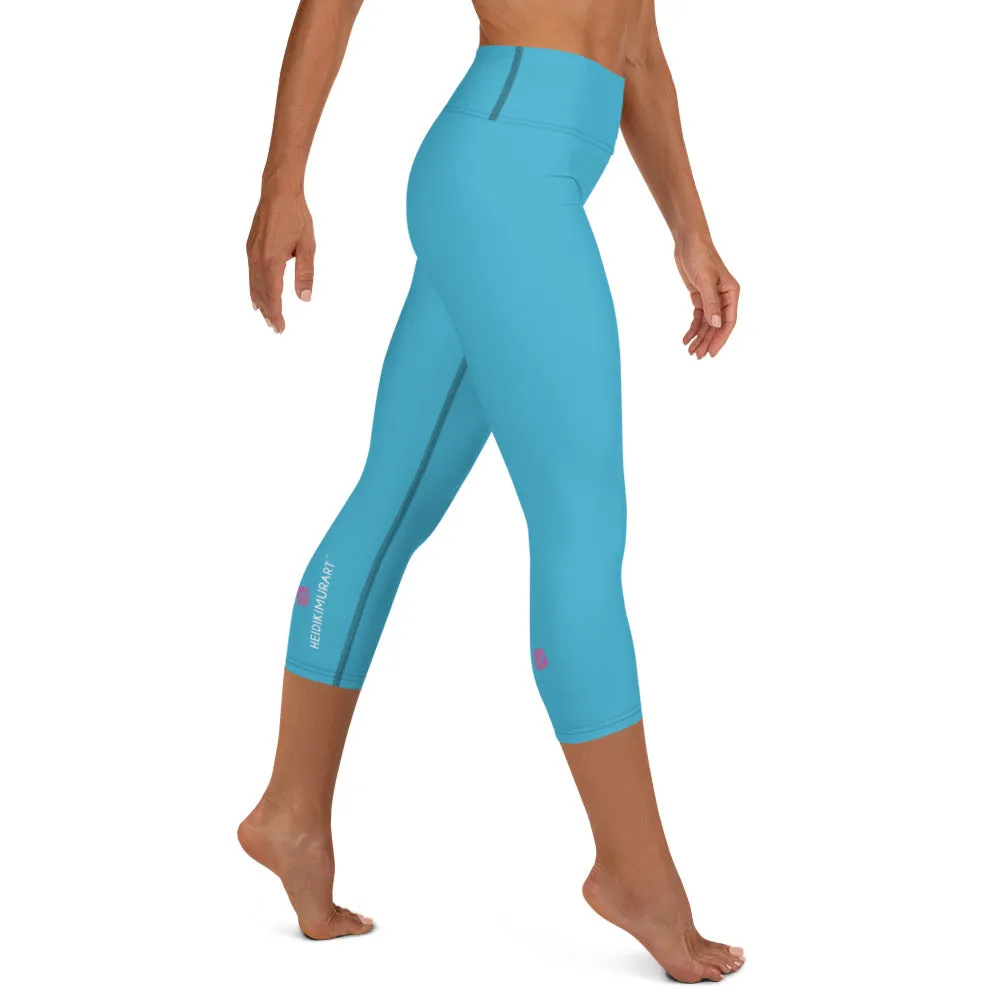 Blue Solid Yoga Capri Leggings, Blue Designer Best Women's Capris Tights-Made in USA/EU/MX