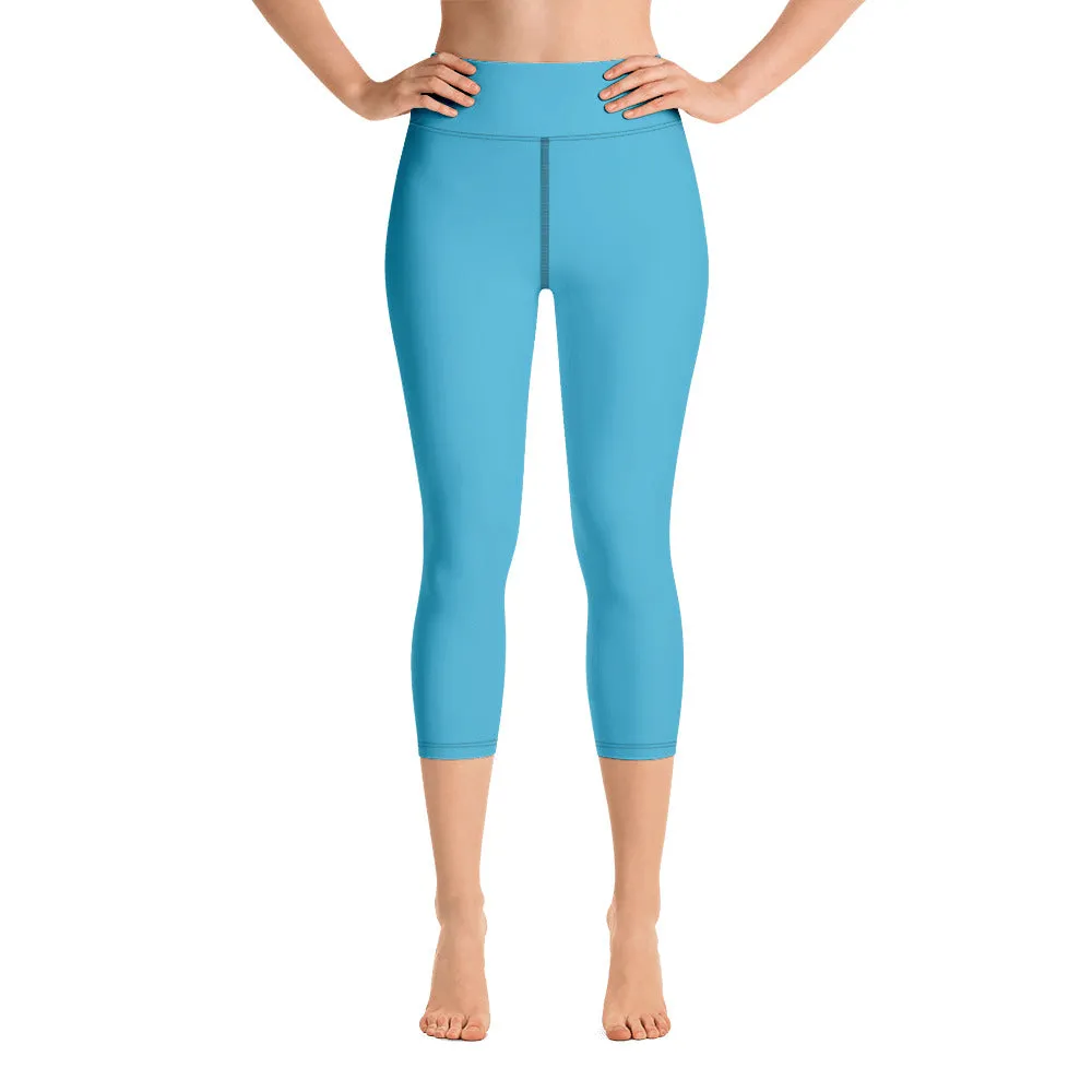 Blue Solid Yoga Capri Leggings, Blue Designer Best Women's Capris Tights-Made in USA/EU/MX