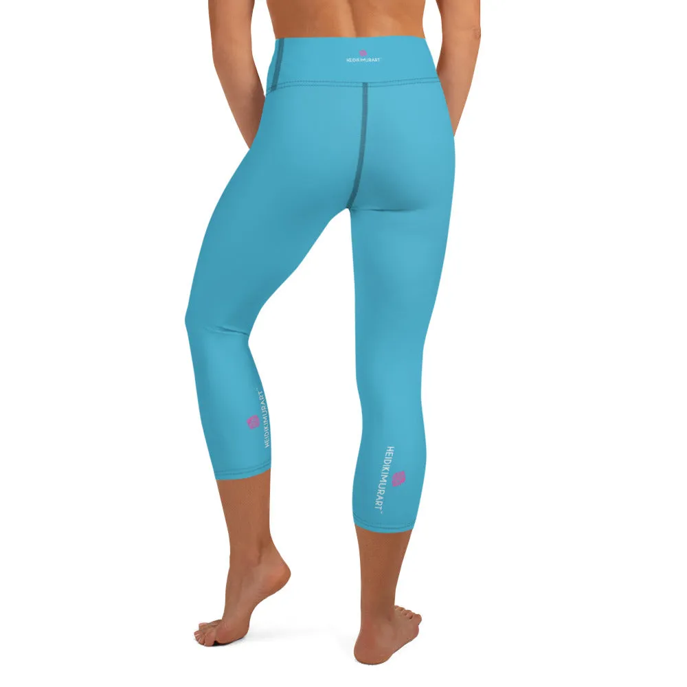 Blue Solid Yoga Capri Leggings, Blue Designer Best Women's Capris Tights-Made in USA/EU/MX