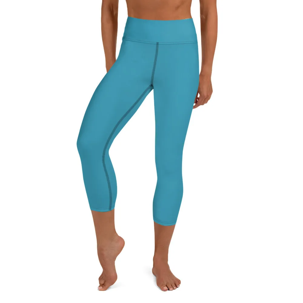 Blue Solid Yoga Capri Leggings, Solid Color Women's Workout Gym Tights- Made in USA/EU/MX