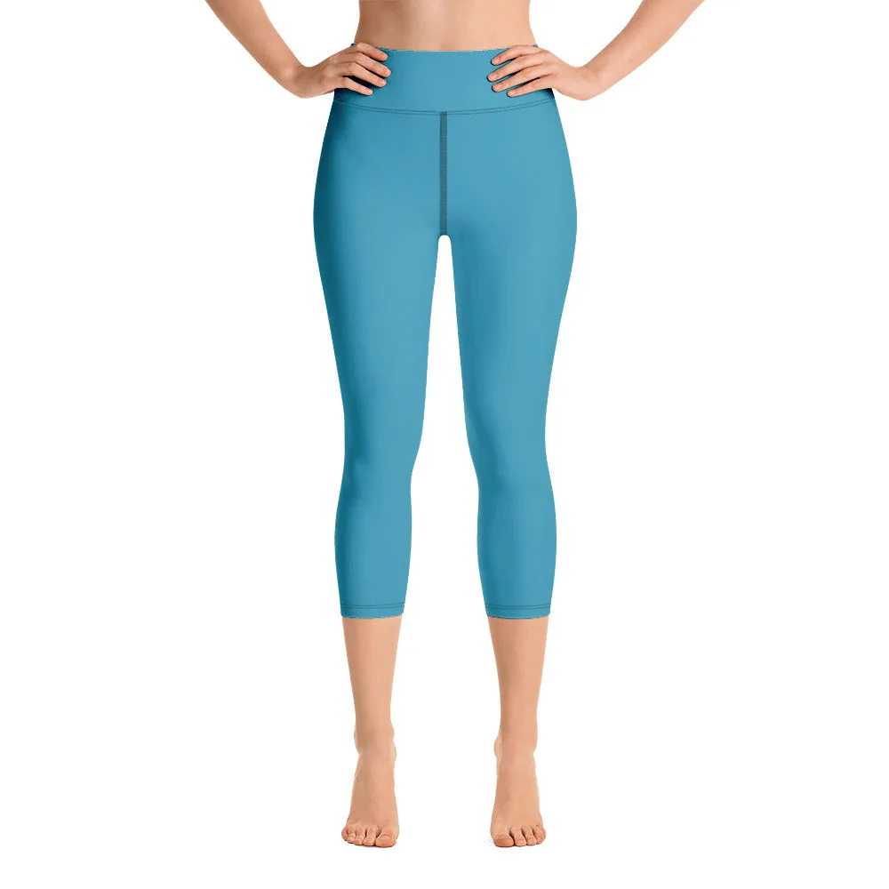 Blue Solid Yoga Capri Leggings, Solid Color Women's Workout Gym Tights- Made in USA/EU/MX