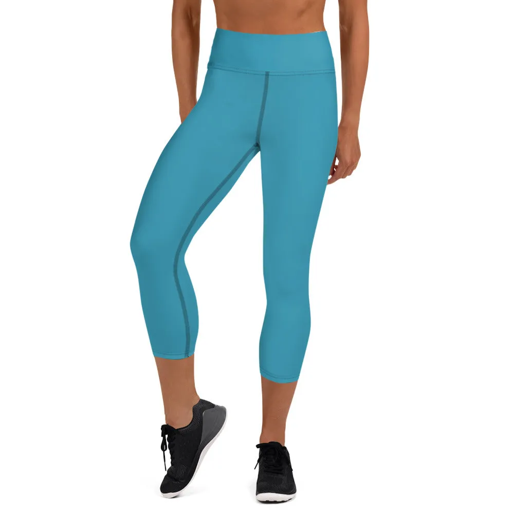 Blue Solid Yoga Capri Leggings, Solid Color Women's Workout Gym Tights- Made in USA/EU/MX