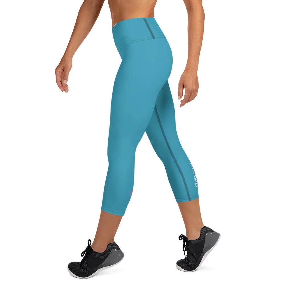 Blue Solid Yoga Capri Leggings, Solid Color Women's Workout Gym Tights- Made in USA/EU/MX