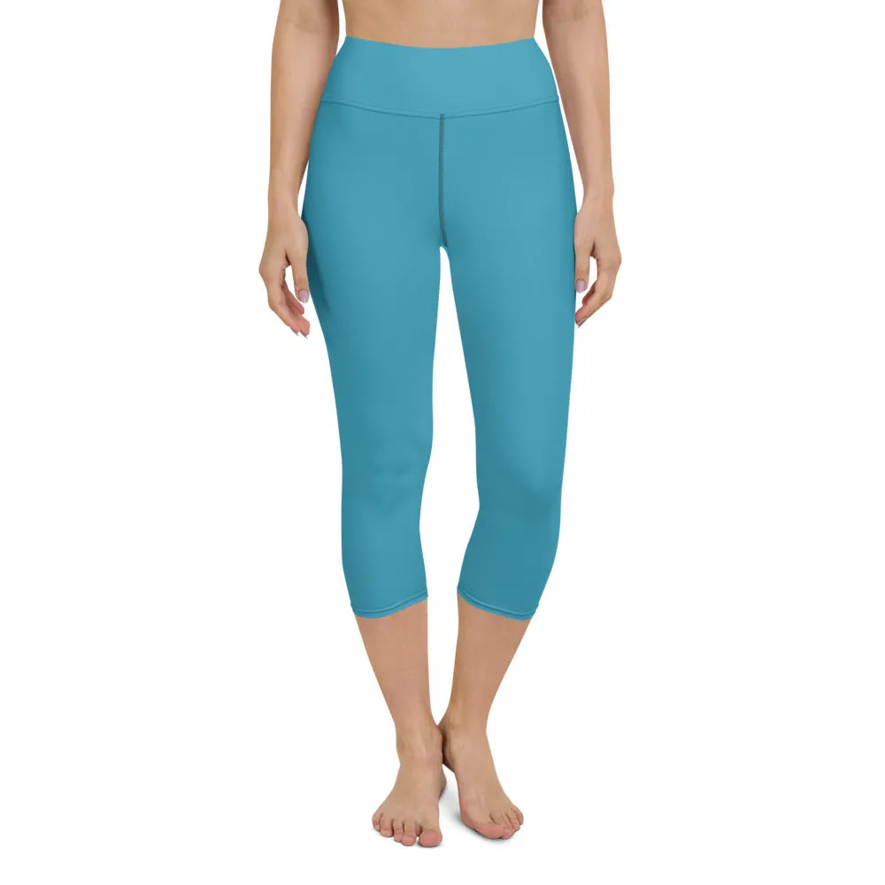 Blue Solid Yoga Capri Leggings, Solid Color Women's Workout Gym Tights- Made in USA/EU/MX