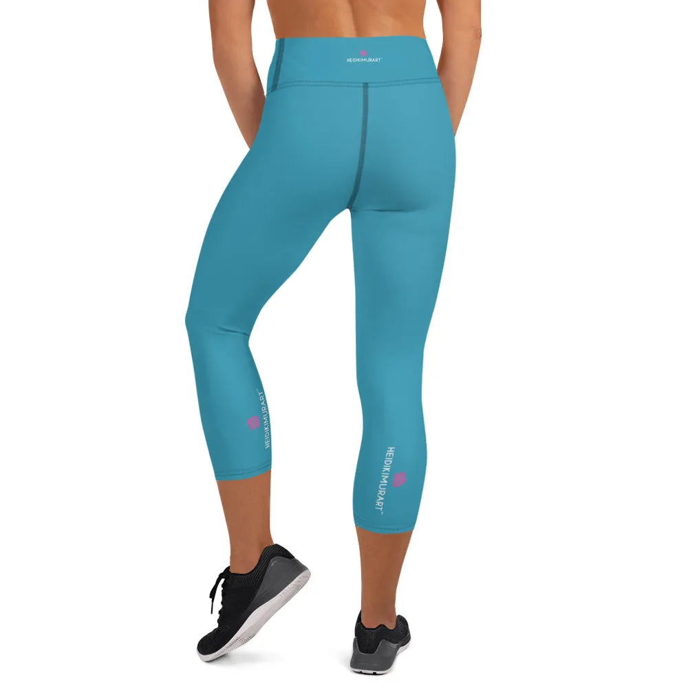 Blue Solid Yoga Capri Leggings, Solid Color Women's Workout Gym Tights- Made in USA/EU/MX