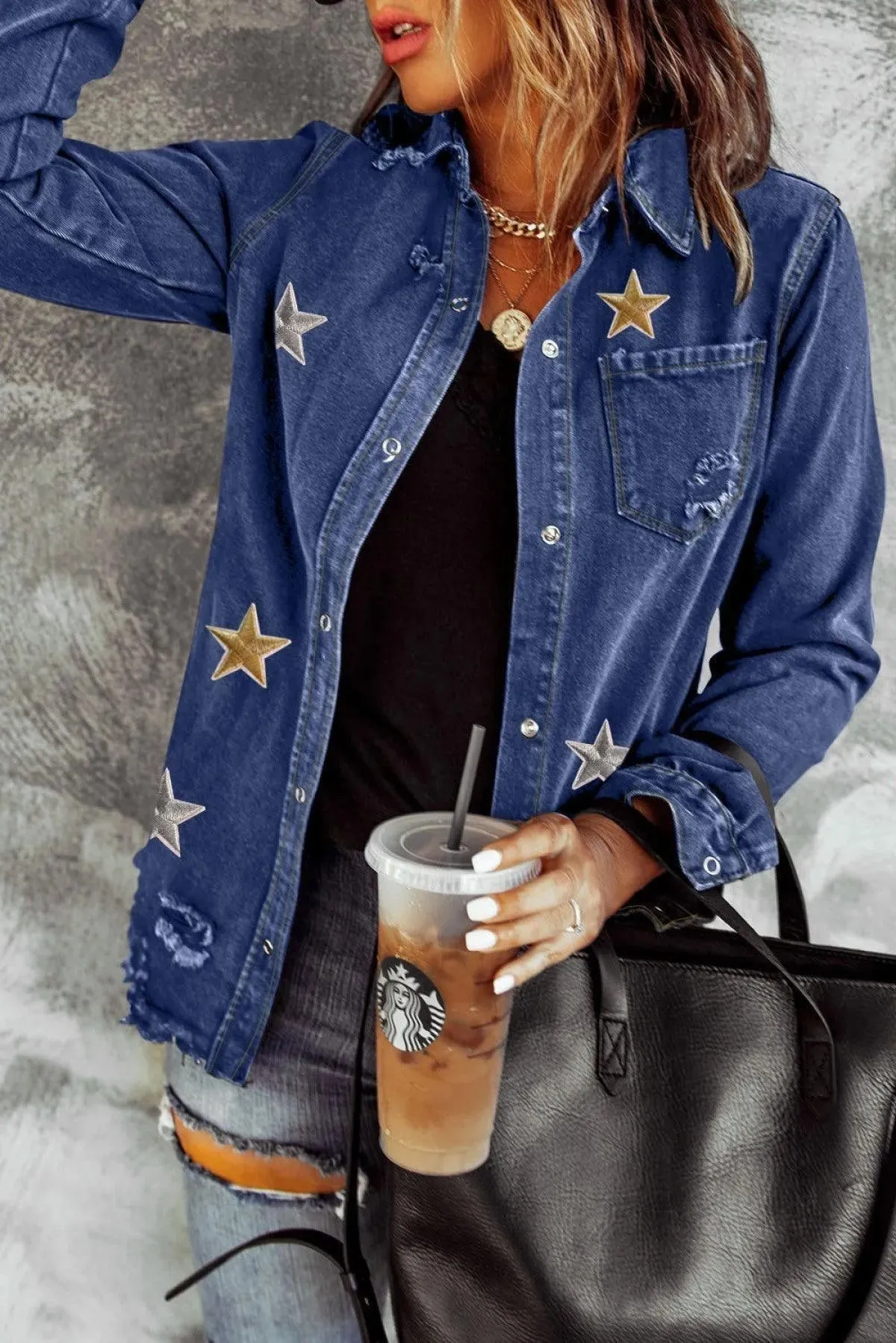 Blue Star Embroidery Distressed Denim Shacket