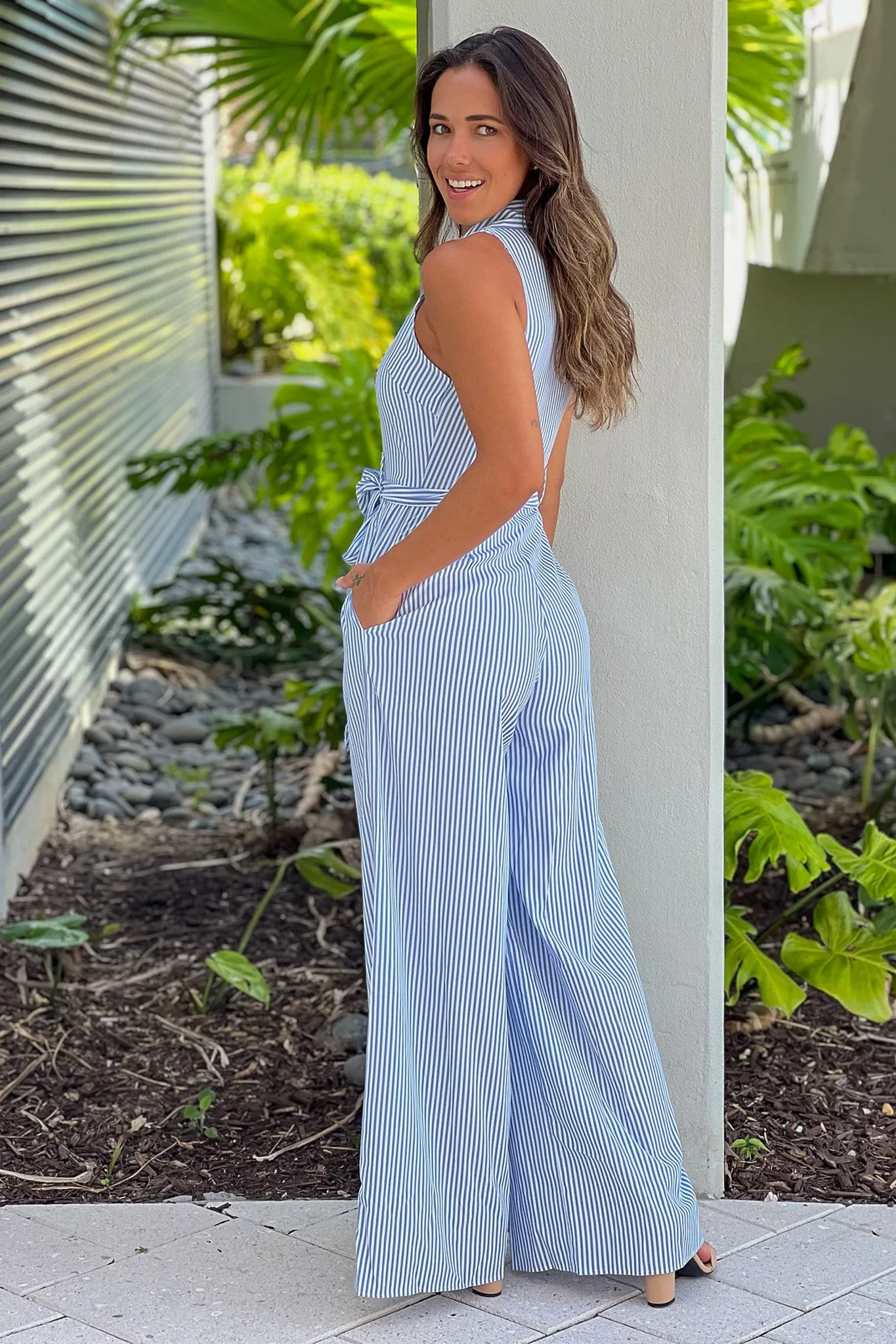 Blue Striped Button Down Jumpsuit