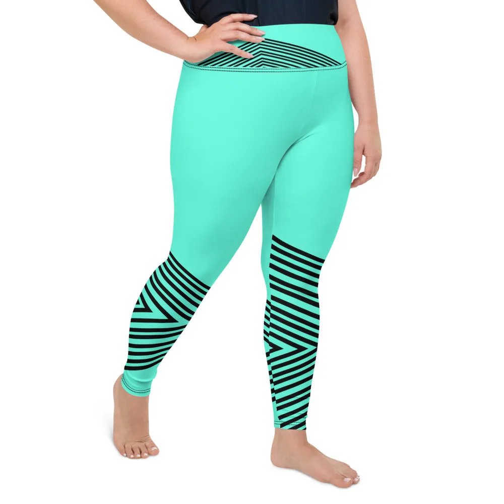 Blue Striped Plus Size Leggings, Sporty Modern Women's Modern Yoga Pants- Made in USA/EU