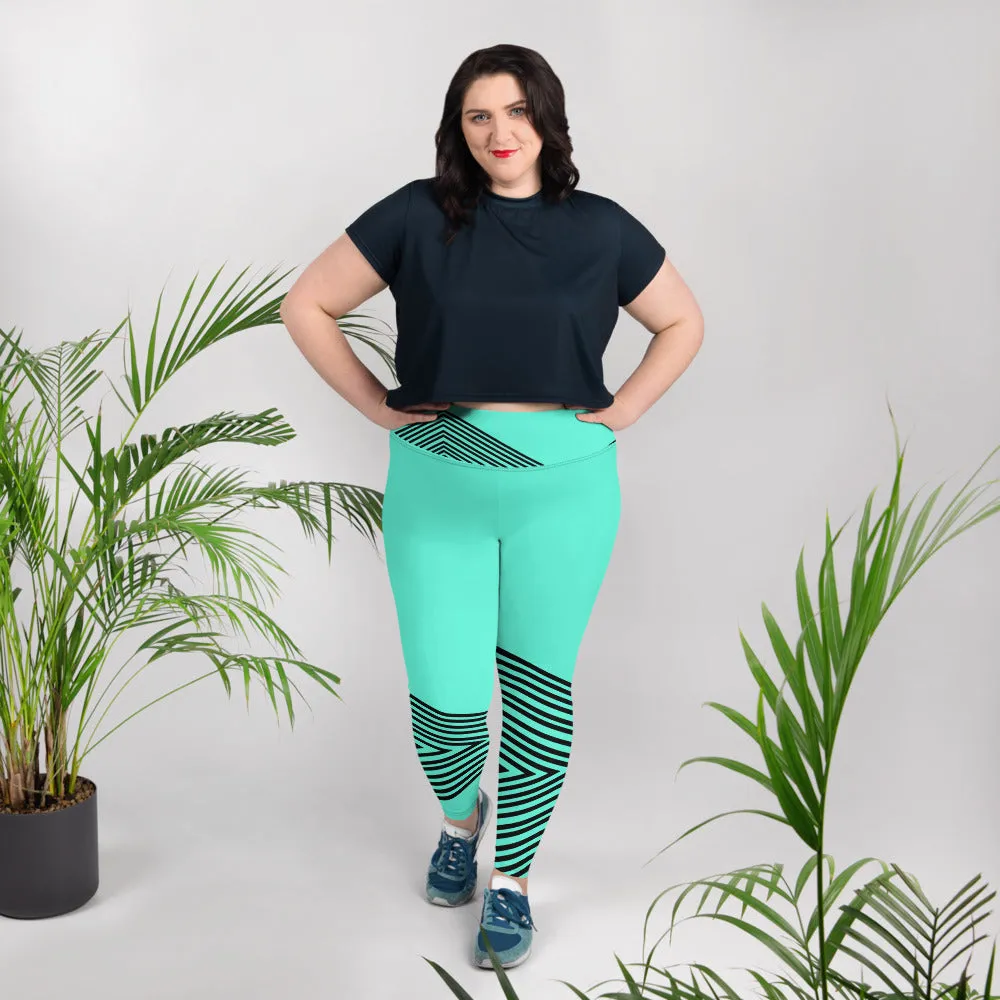 Blue Striped Plus Size Leggings, Sporty Modern Women's Modern Yoga Pants- Made in USA/EU