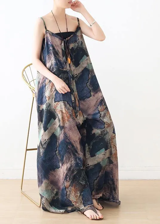 Blue Suspender Print Women Summer New Oversized Wide Leg Pants