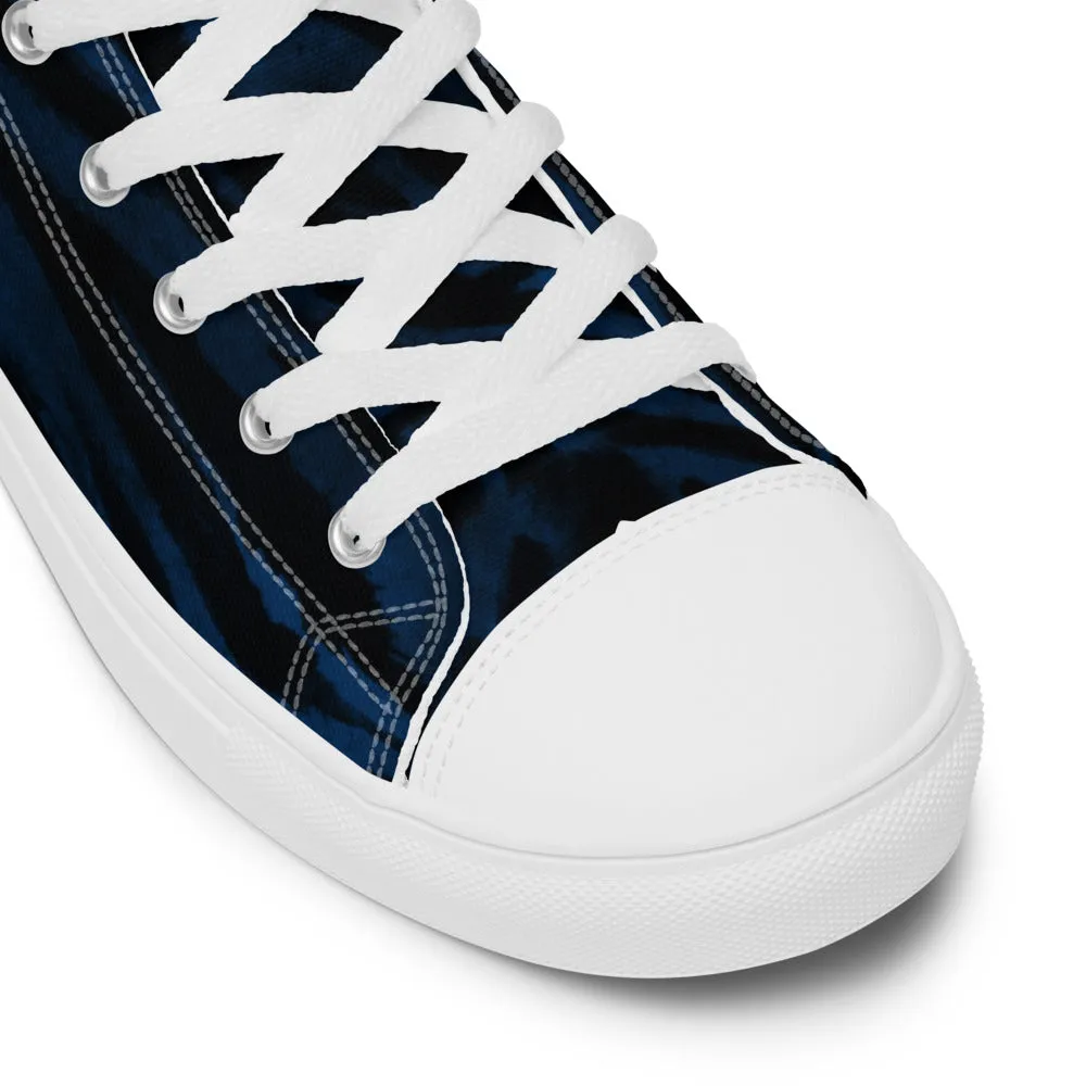 Blue Tiger Striped Women's Sneakers, Animal Print Designer Tiger Stripes High Top Tennis Shoes