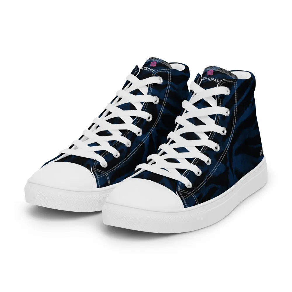 Blue Tiger Striped Women's Sneakers, Animal Print Designer Tiger Stripes High Top Tennis Shoes