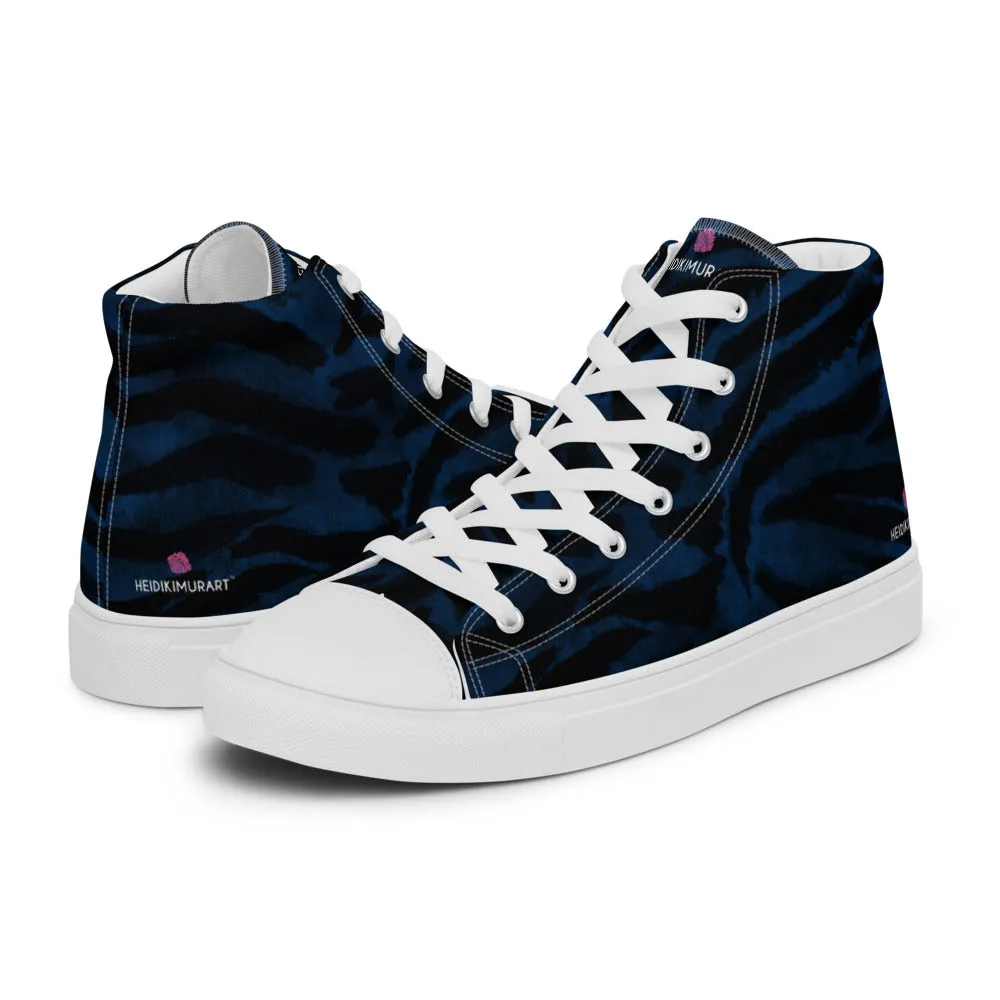 Blue Tiger Striped Women's Sneakers, Animal Print Designer Tiger Stripes High Top Tennis Shoes