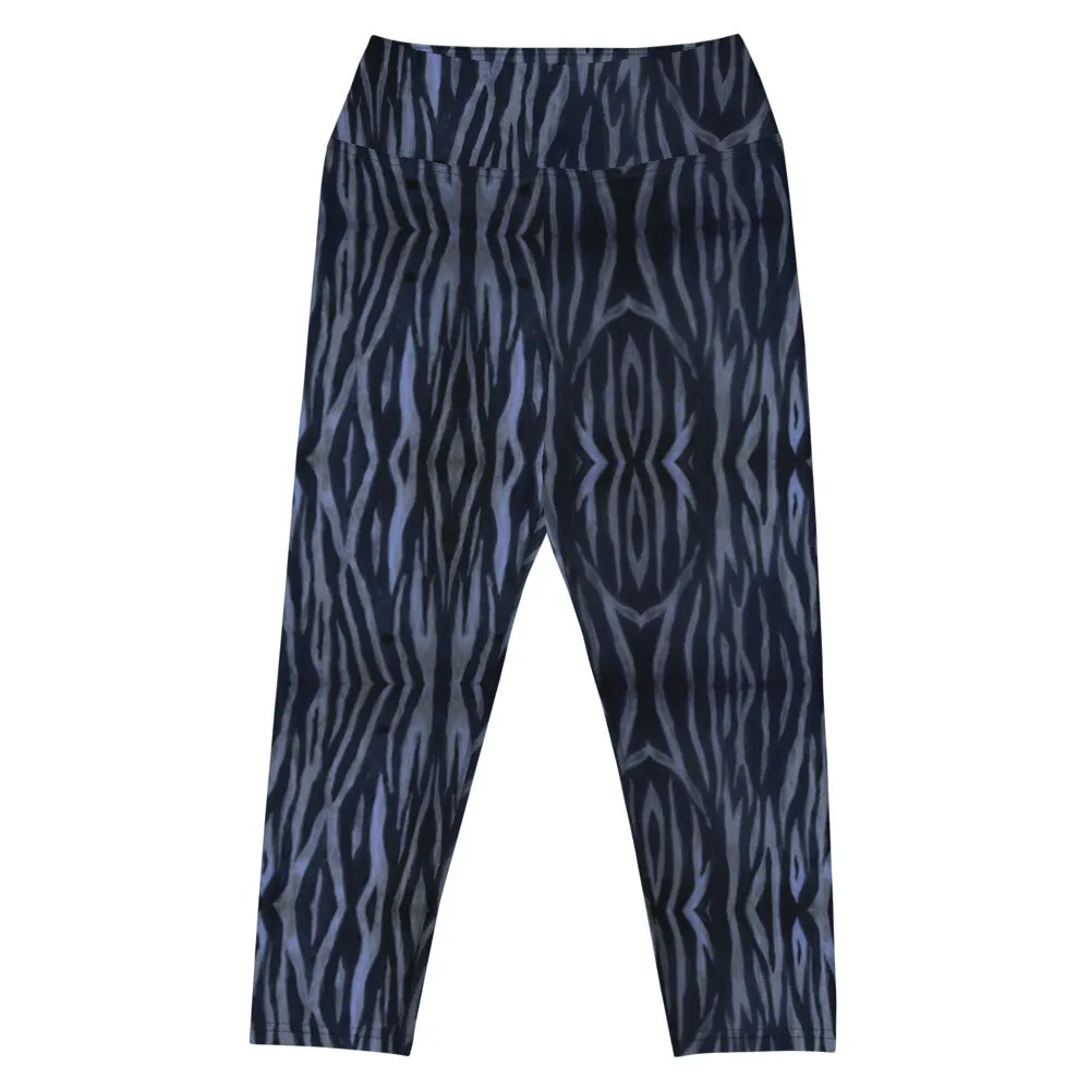 Blue Tiger Yoga Capri Leggings, Tiger Striped Animal Print Women's Tights-Made in USA/EU/MX