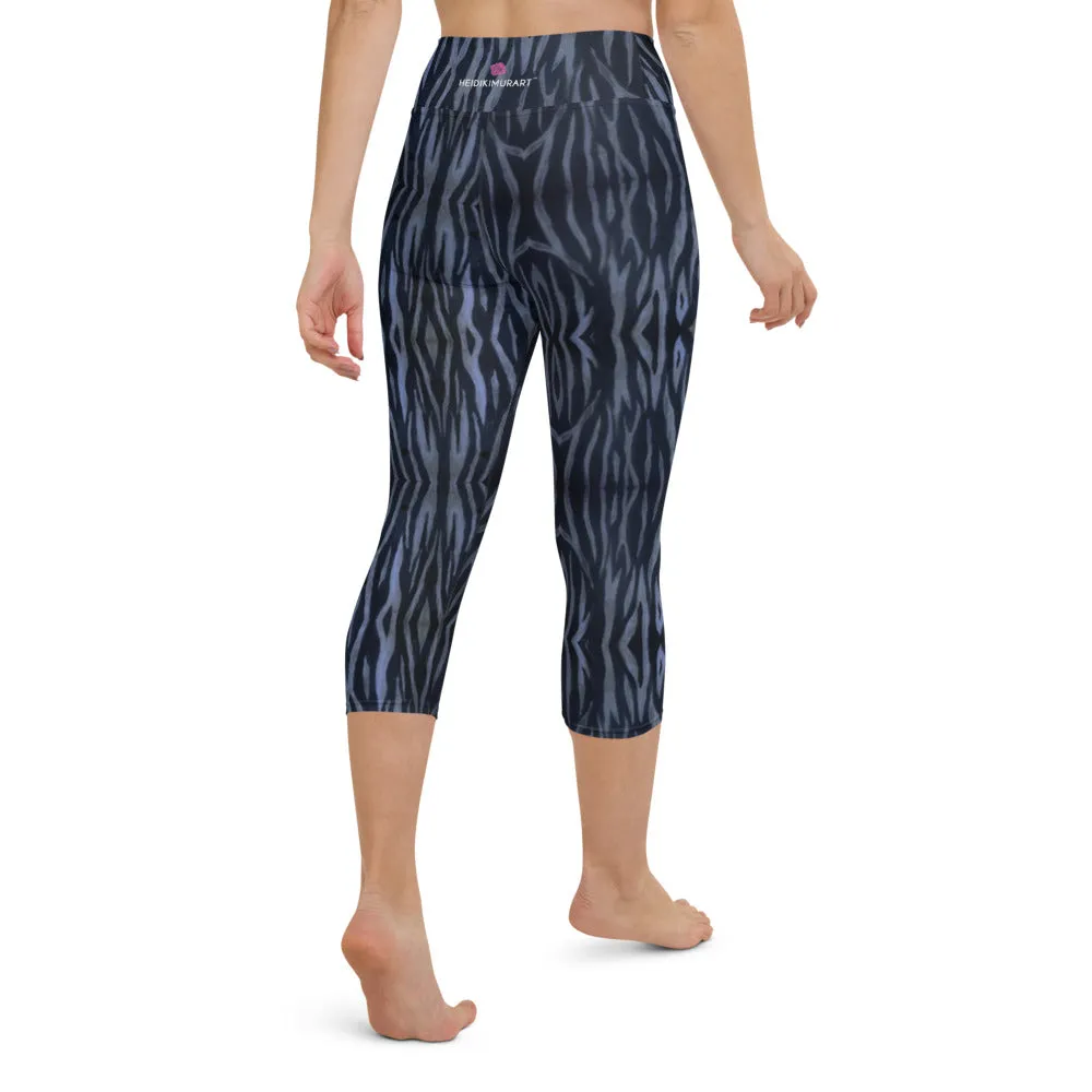 Blue Tiger Yoga Capri Leggings, Tiger Striped Animal Print Women's Tights-Made in USA/EU/MX