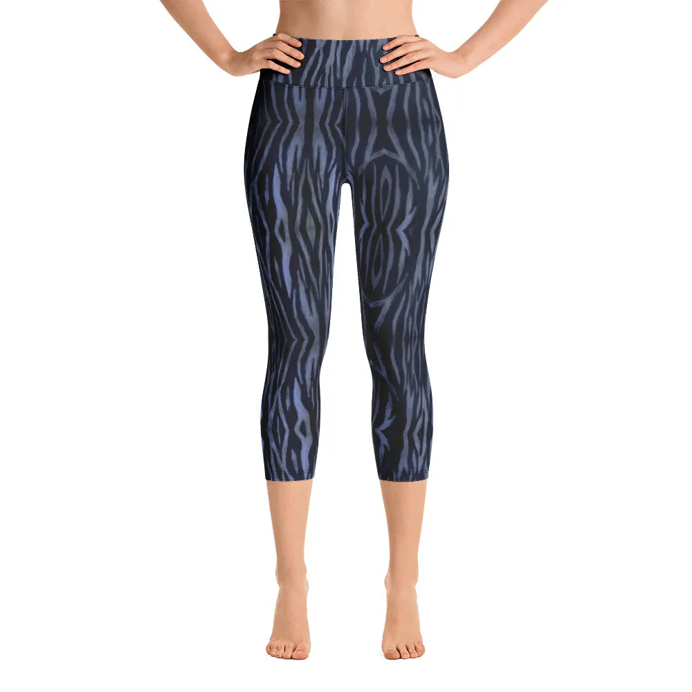 Blue Tiger Yoga Capri Leggings, Tiger Striped Animal Print Women's Tights-Made in USA/EU/MX