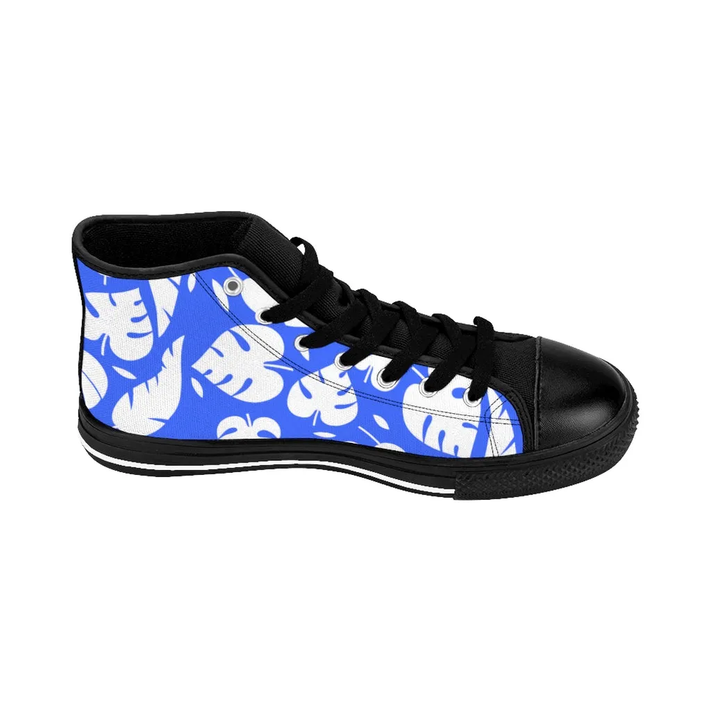 Blue Tropical Men's High-top Sneakers, Tropical Leaves Hawaiian Style Men's Designer Tennis Running Shoes