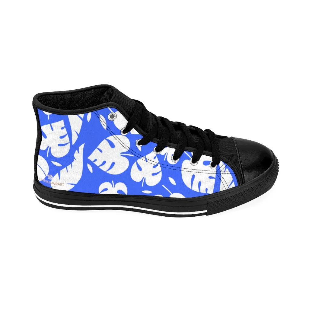 Blue Tropical Men's High-top Sneakers, Tropical Leaves Hawaiian Style Men's Designer Tennis Running Shoes