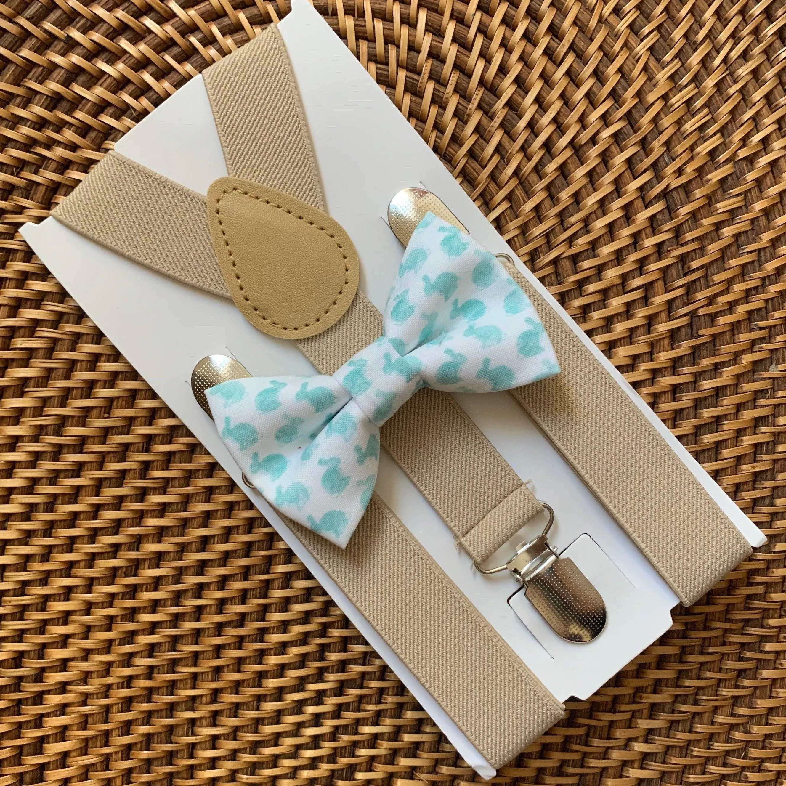 Blue Watercolor Easter Bunny Bow Tie & Tan Suspenders Set