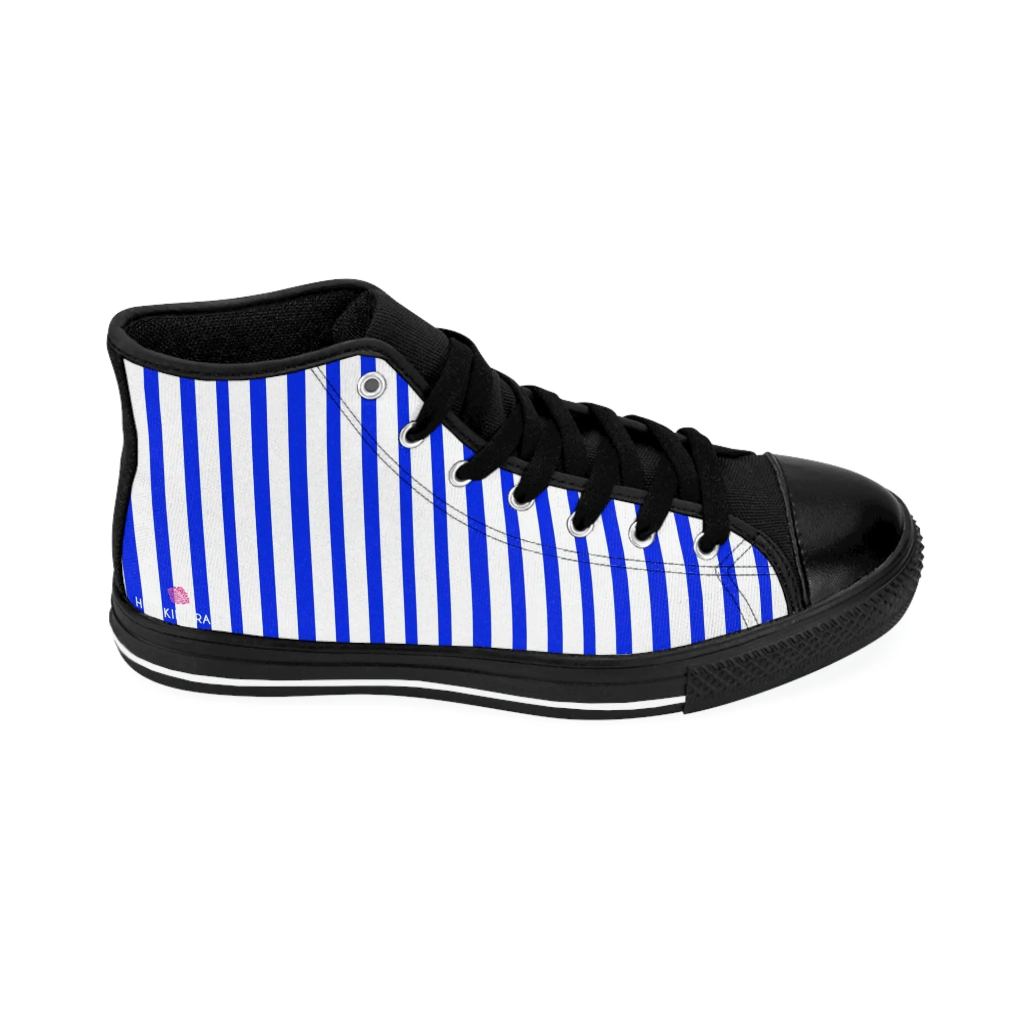 Blue White Striped Men's Sneakers, Designer Men's High Top Sneakers Running Fashion Canvas Shoes