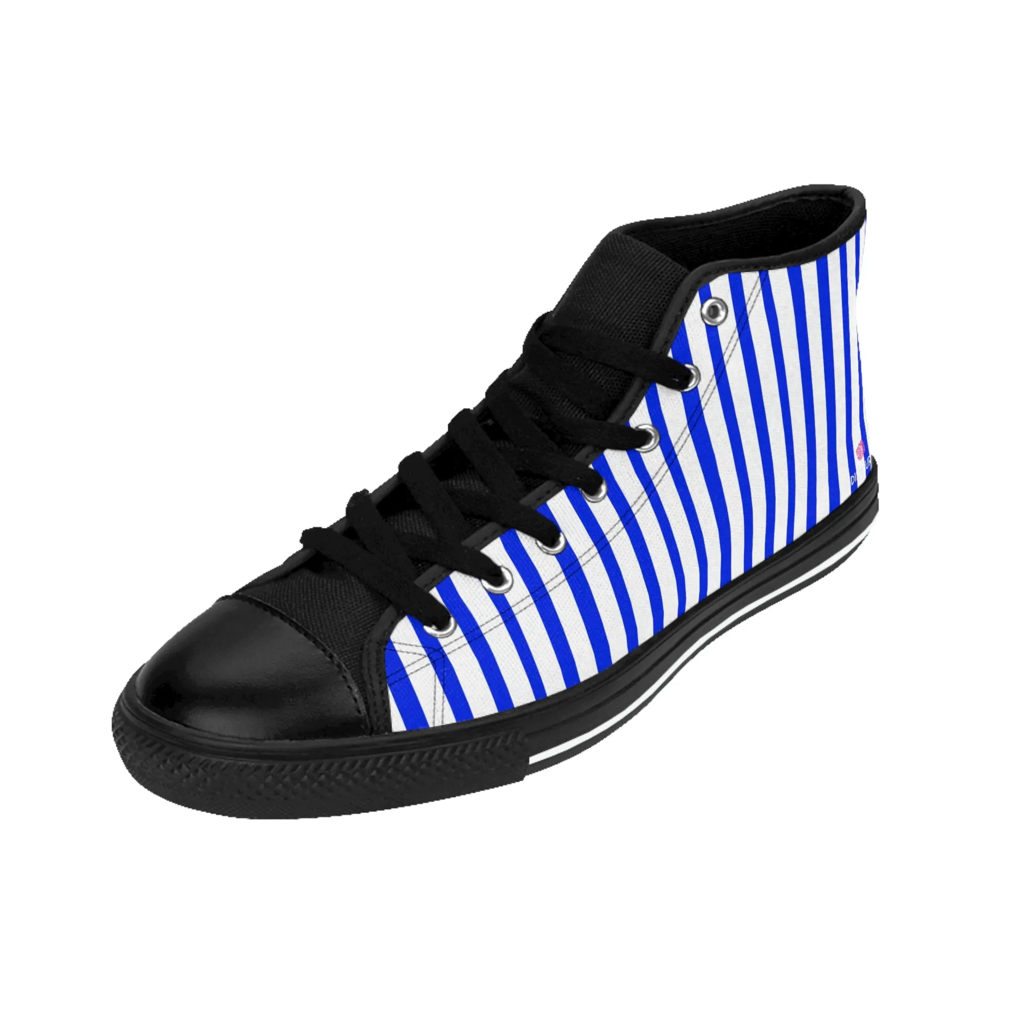 Blue White Striped Men's Sneakers, Designer Men's High Top Sneakers Running Fashion Canvas Shoes