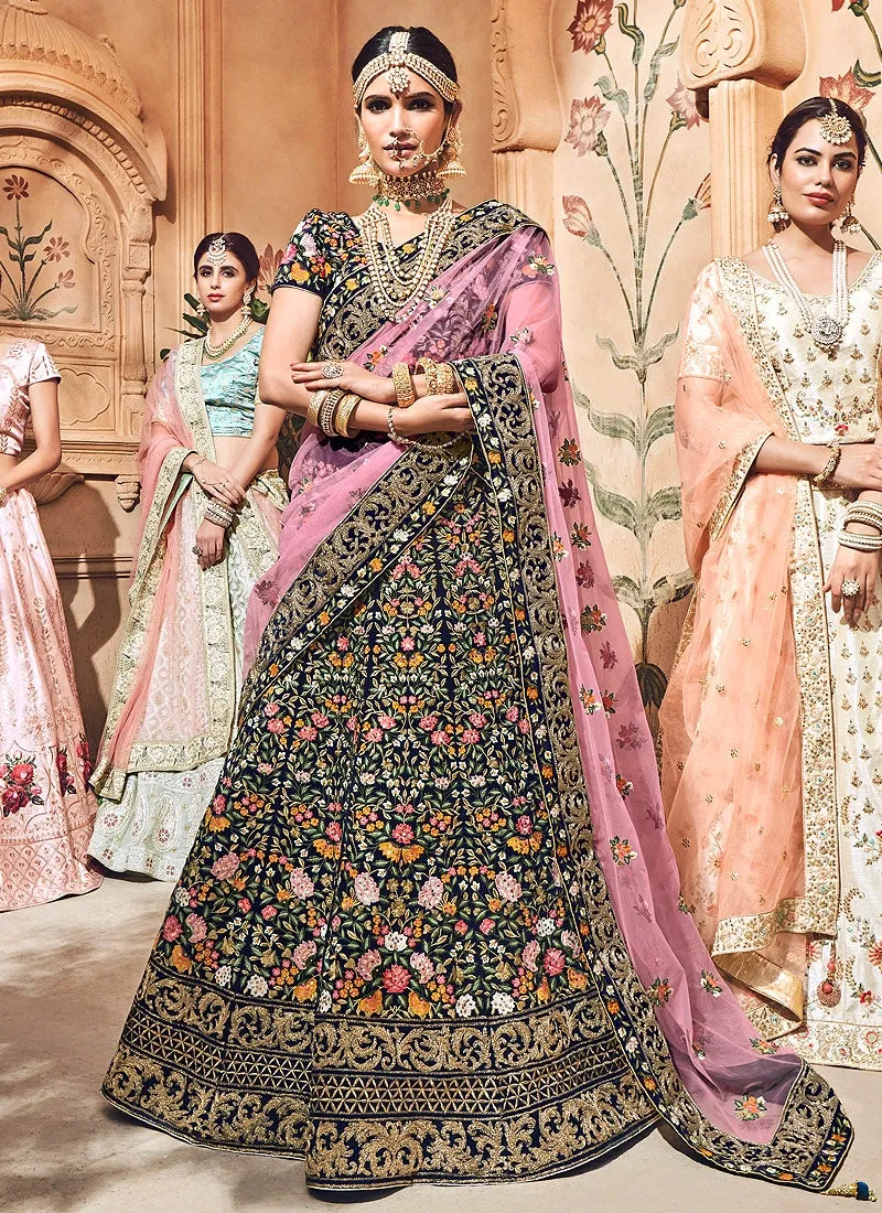 Blue With Pink Velvet Hand Embroidered Lehenga Choli