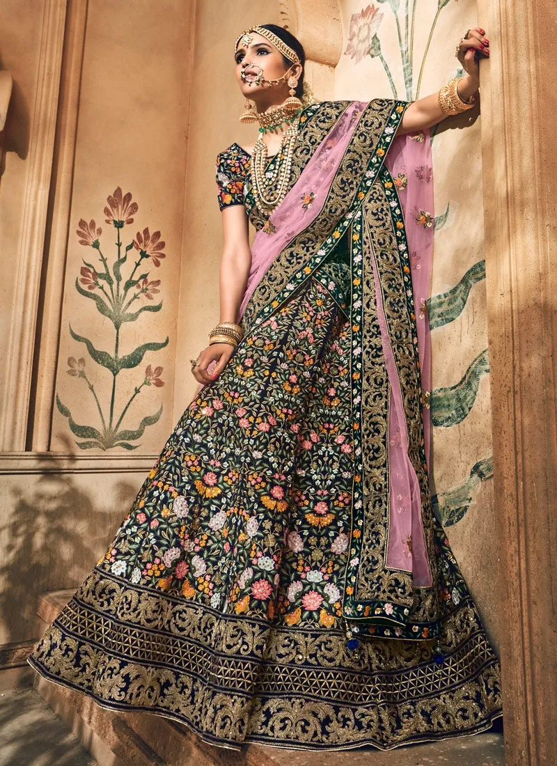 Blue With Pink Velvet Hand Embroidered Lehenga Choli