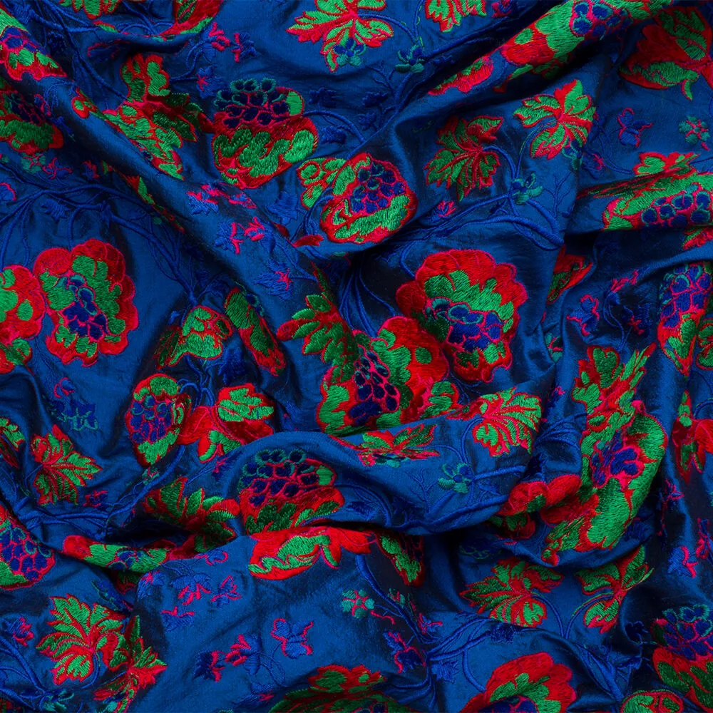 Blue/Red Floral Embroidered Silk Dupion