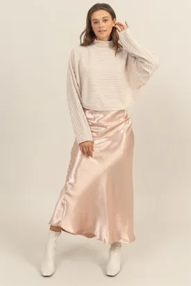 Blush Satin High Waist Midi Skirt