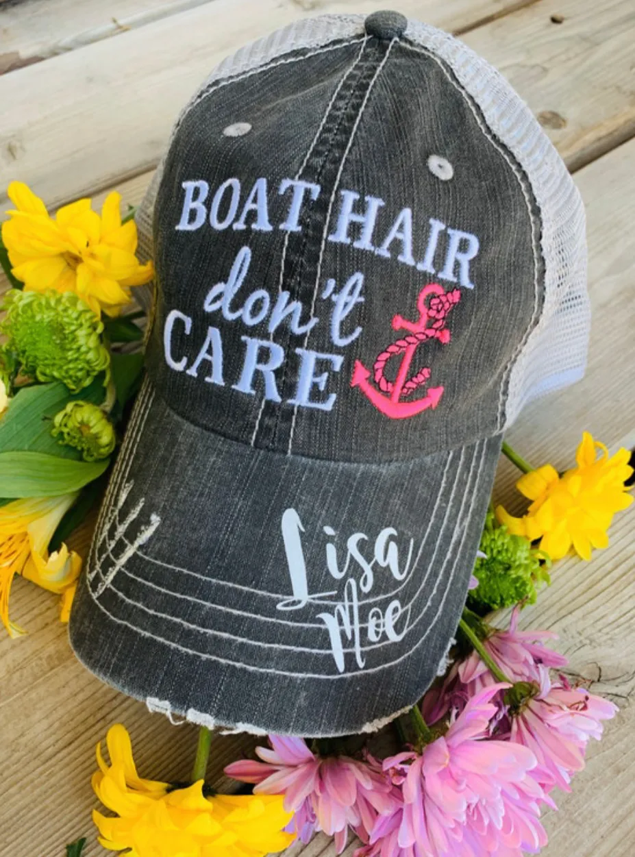 Boat hats Boat hair dont care Black embroidered trucker cap Adjustable mesh back