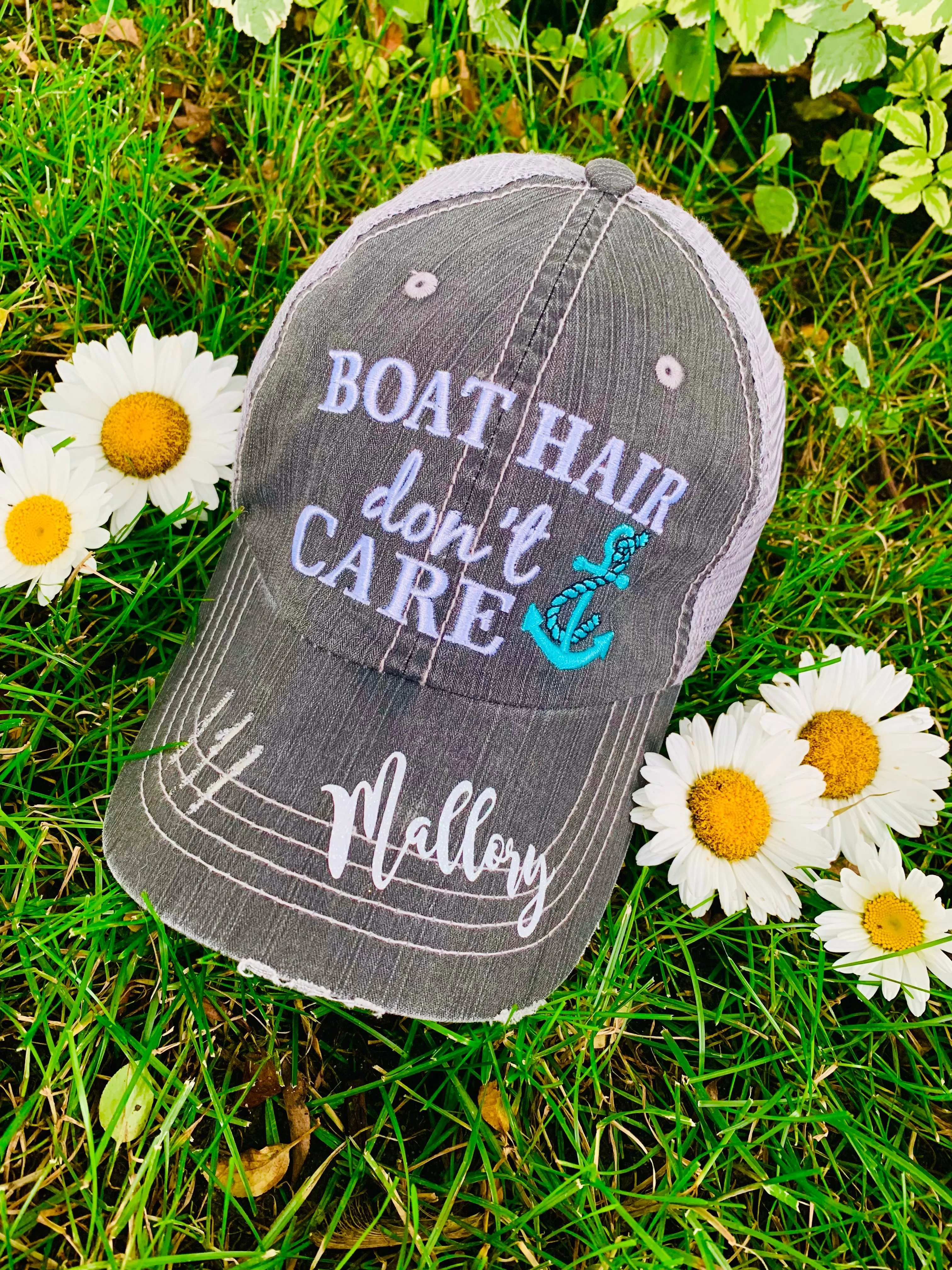 Boat hats Boat hair dont care Black embroidered trucker cap Adjustable mesh back