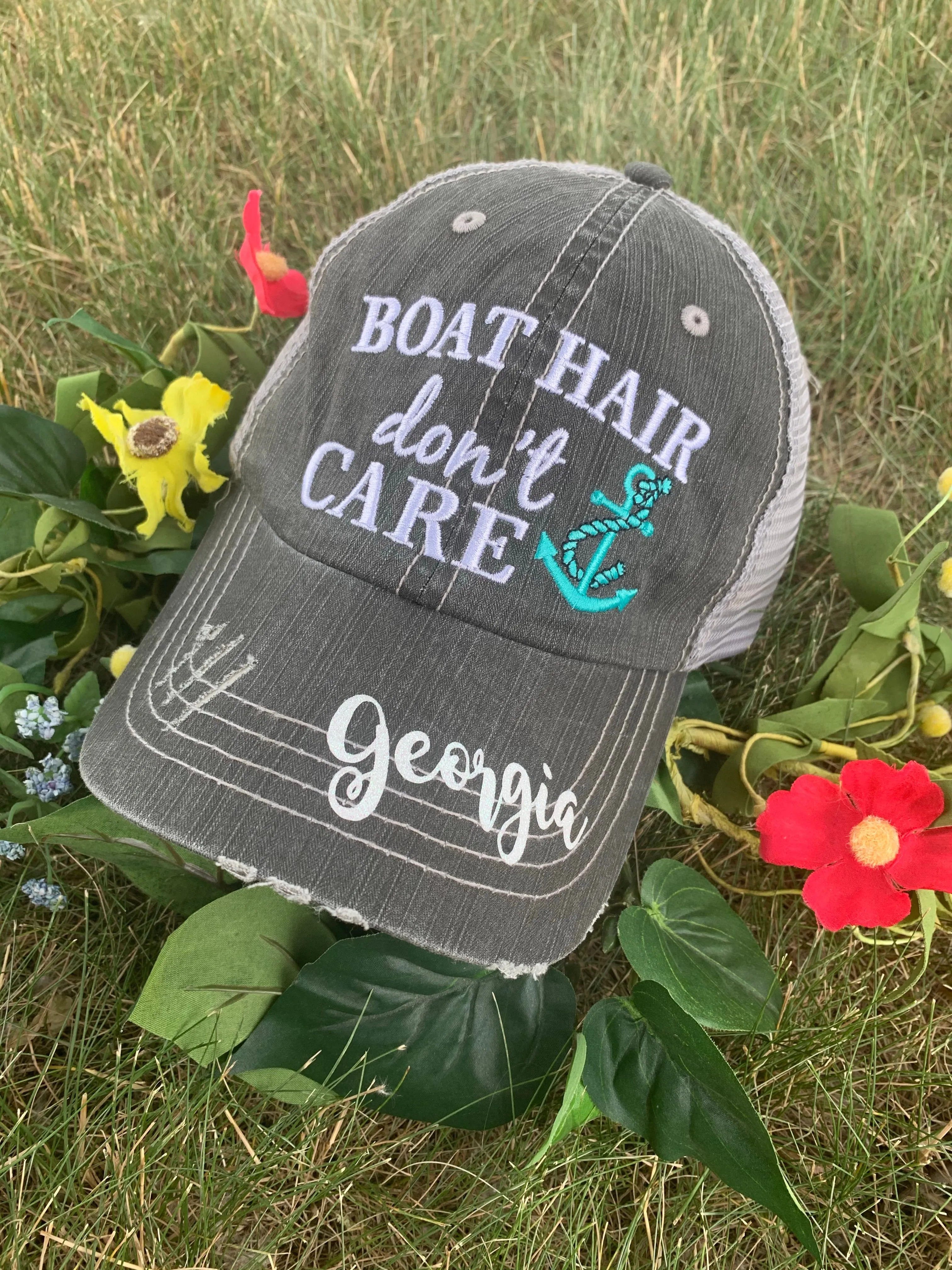 Boat hats Boat hair dont care Black embroidered trucker cap Adjustable mesh back