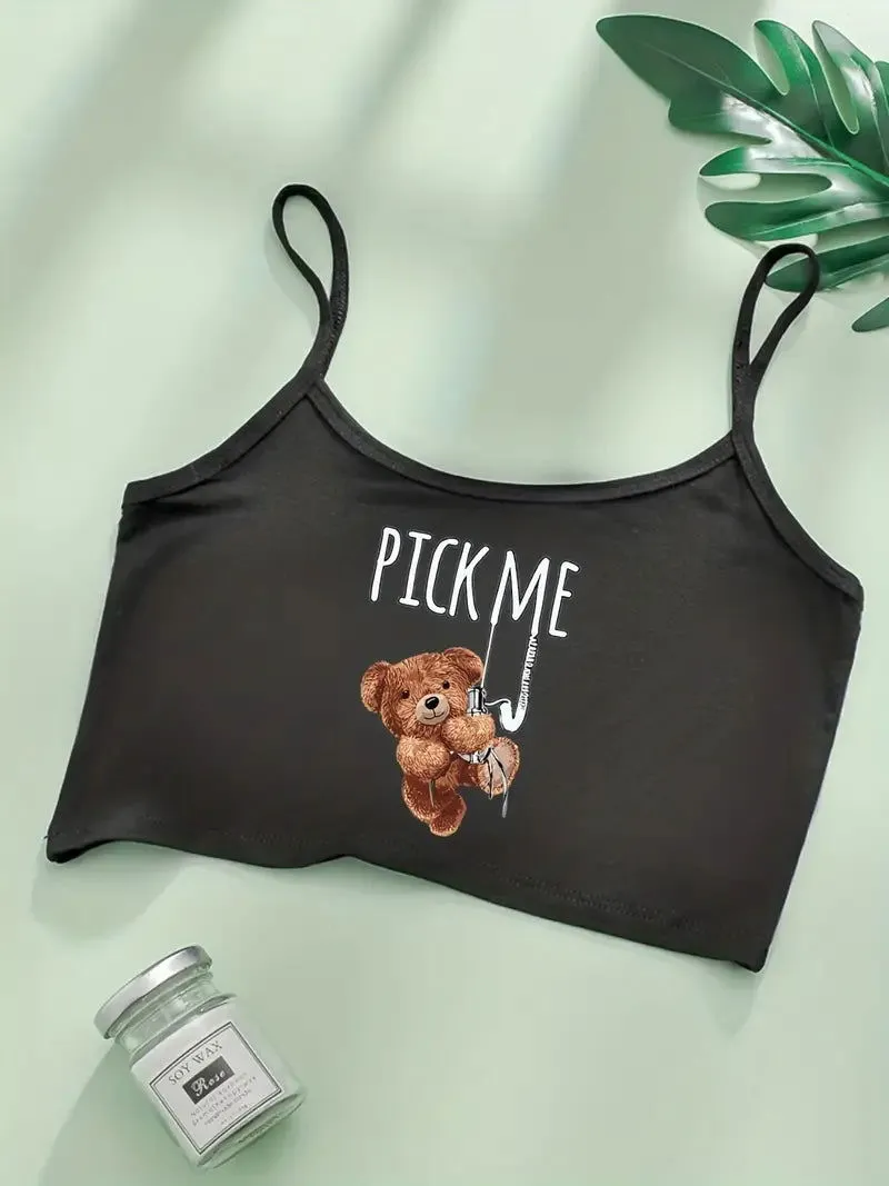 Body-embracing Pick Me Bear Cami Crop Top and Mini Shorts