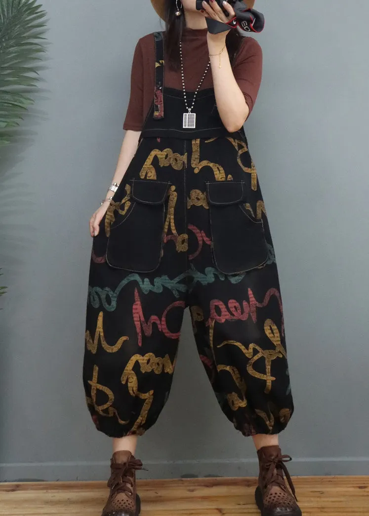 Bohemian Graphic Print Patchwork Denim Lantern Jumpsuits Spring