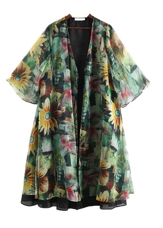 Bohemian Green Print Long Sleeve Chiffon Long Cardigan