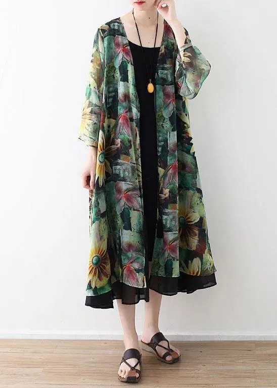 Bohemian Green Print Long Sleeve Chiffon Long Cardigan