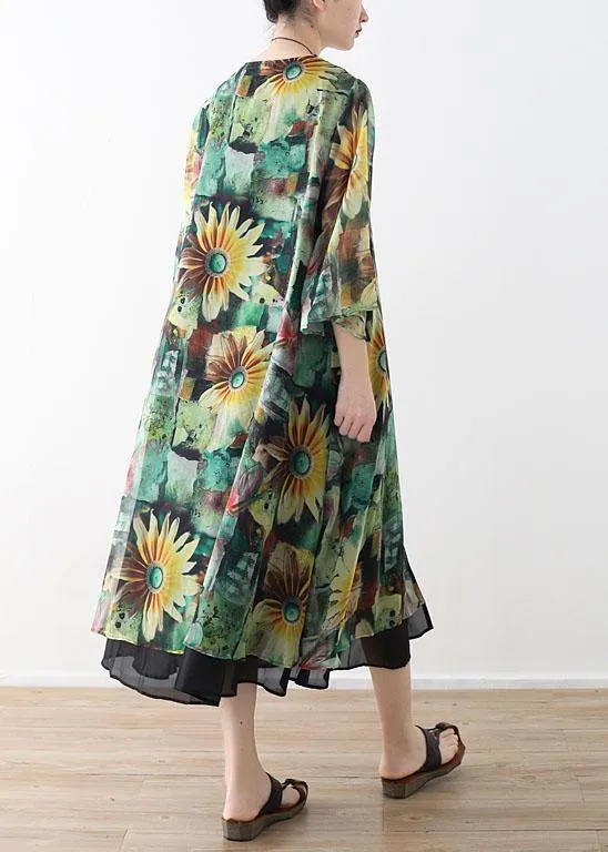 Bohemian Green Print Long Sleeve Chiffon Long Cardigan