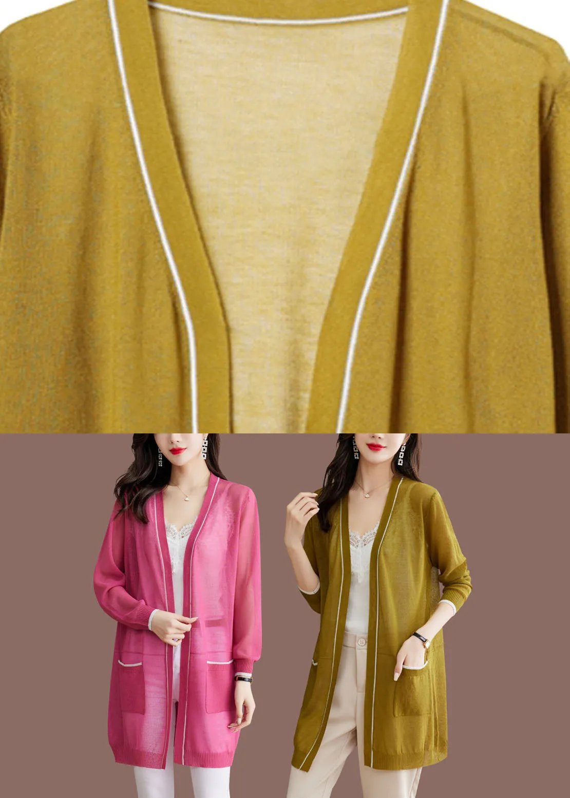 Bohemian Matcha Colour V Neck Ice Size Knit Cardigans Long Sleeve